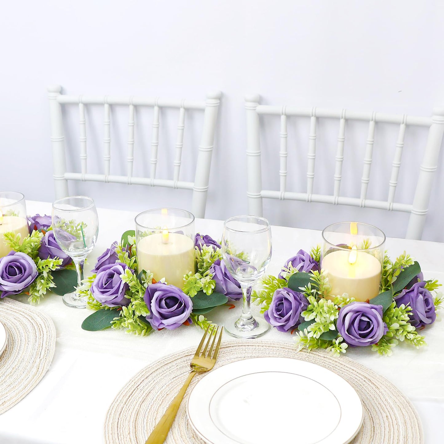 Acmee Purple Rose Candle Rings with Flameless Candles Sets - 12PCS Artificial Flower Eucalyptus Wedding Centerpiece 3 Inch Pillar Candleholders Wreaths for Wedding Party Decor (Purple - 6 Sets)