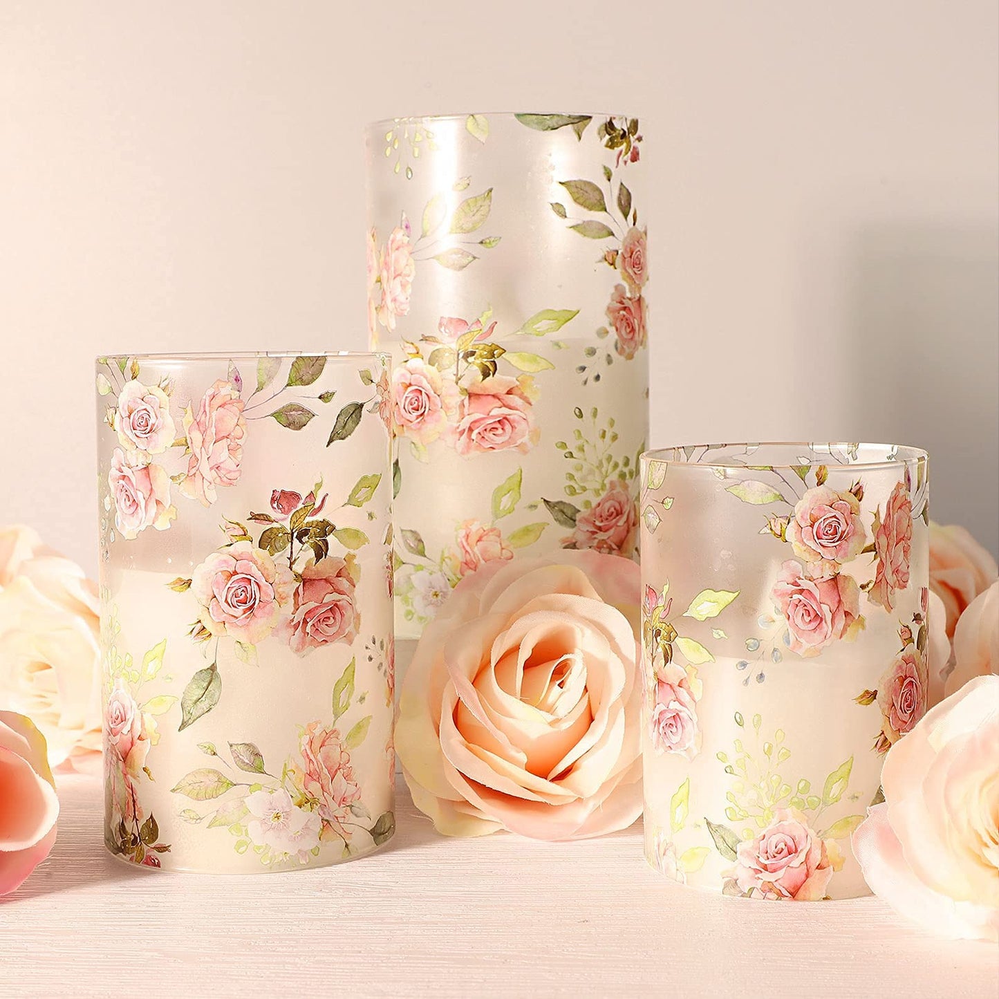 MELTONE Rose Flameless Candles Love Theme Glass Pink LED Candles with Remote - Home Wedding Bedroom Room Christmas Valentine's Day Decor - Set of 3