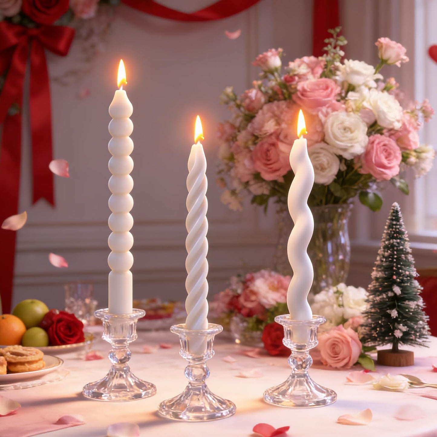4 PCS 7.87 Inch White Spiral Taper Candle Twisted Long Wax Candles Wave Twisted Ribbed Candlesticks,for Christmas Holiday Valentines Day Wedding Dinner Spring Party Home Decor