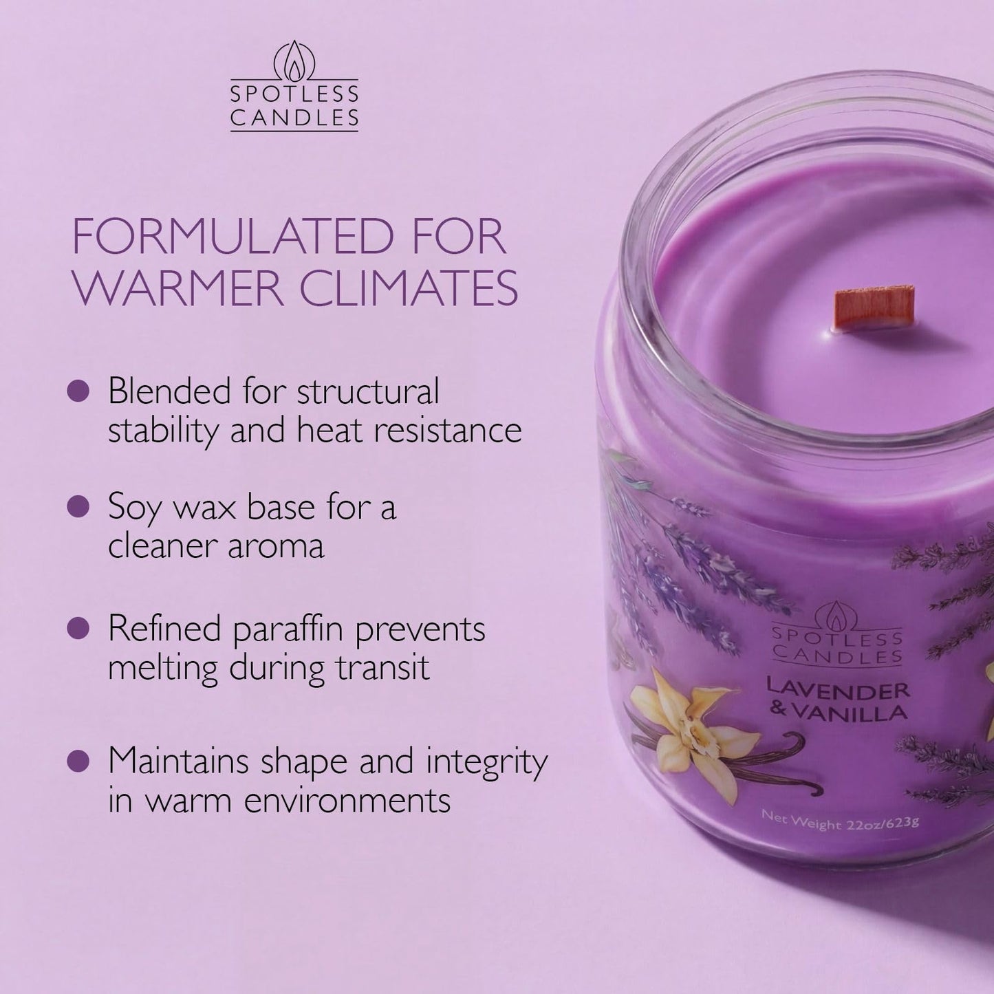 Spotless Leopard Vanilla & Lavender Candle 22oz Glass Jar with Wooden Wick in a Decorated Jar Within a Presentation Gift Box and Protective Shipping Box
