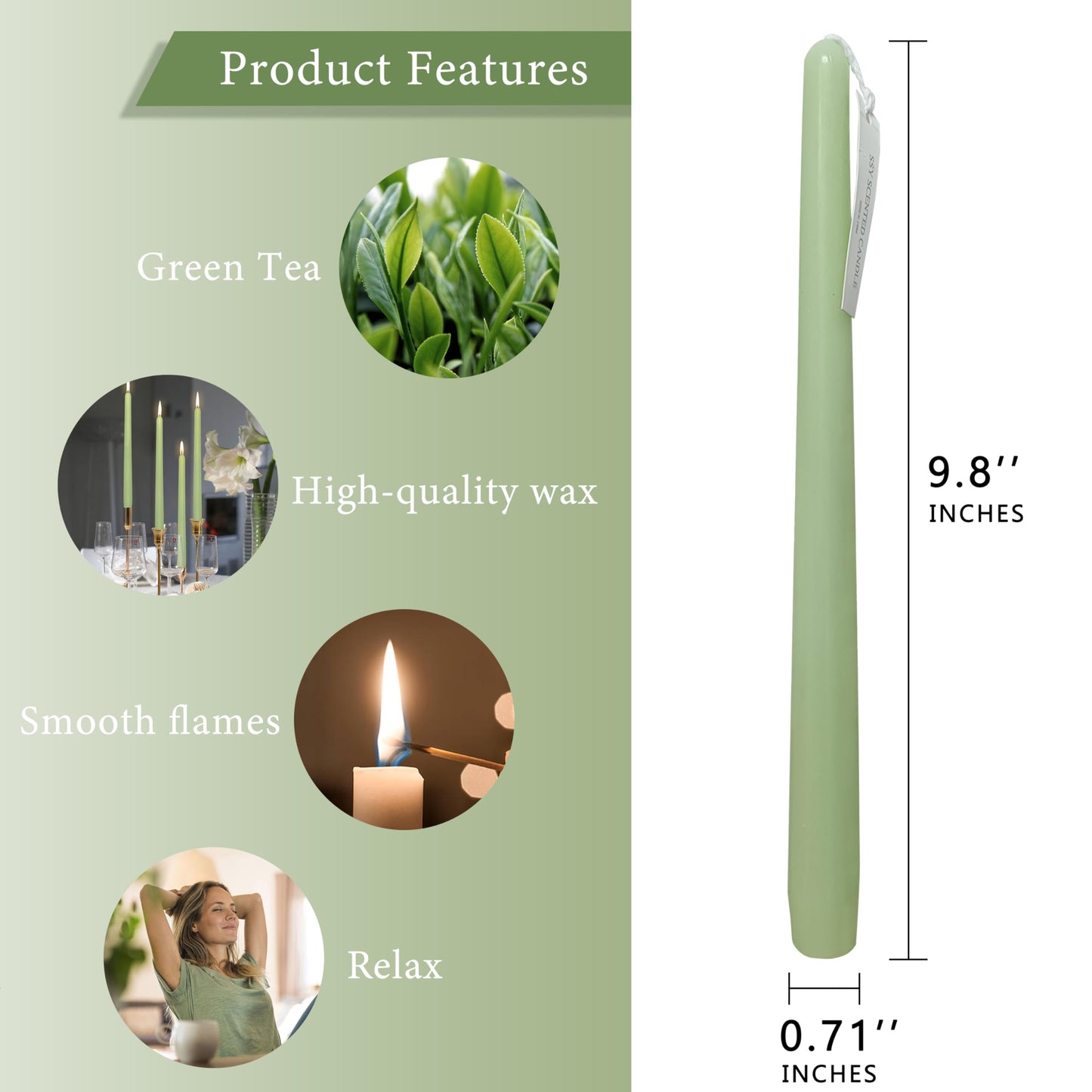 Green Tea Scented Taper Candle 10 Inch Long Gradient Green Handmade Clean Burning 4 Pack Smokeless Tapered Candle for Christmas Wedding Forest Theme Rustic Office Spa Relaxation Home Decor
