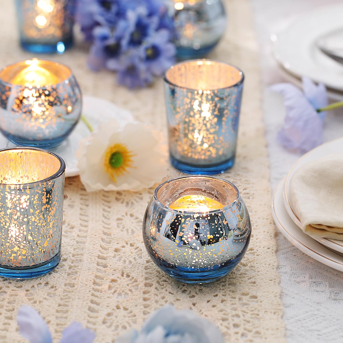 LETINE 36pcs Blue Votive Candle Holders - Elegant Mercury Glass Tea Light Candle Holder Set for Spring Summer Weddings, Holiday Season Decorations, Valentine's Day Table Centerpieces