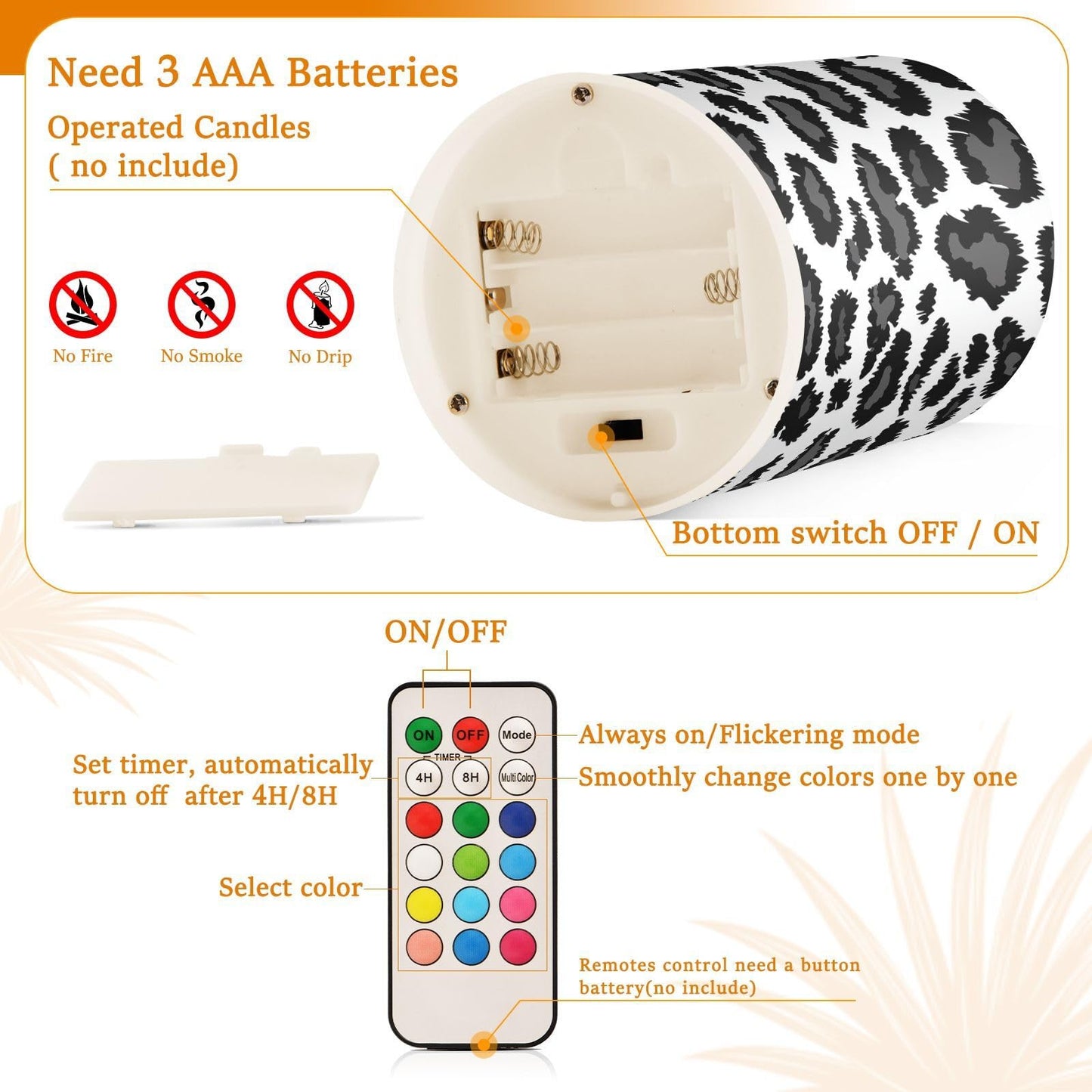 WEVIBOFU Black Grey Leopard Pattern Flickering Flameless Candles LED Battery Operated with Remote Timer Pillar Candles for Home Birthday Wedding Christmas Decor, Set of 2