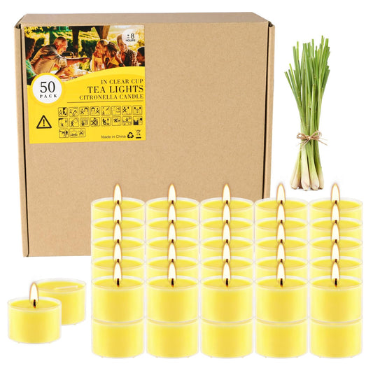 50 Pack Clear Tea Lights Candles Bulk, Summer Citronella Candle Outdoor and Indoor, for Birthday Emergency Home Garden(8 Hour, Yellow)