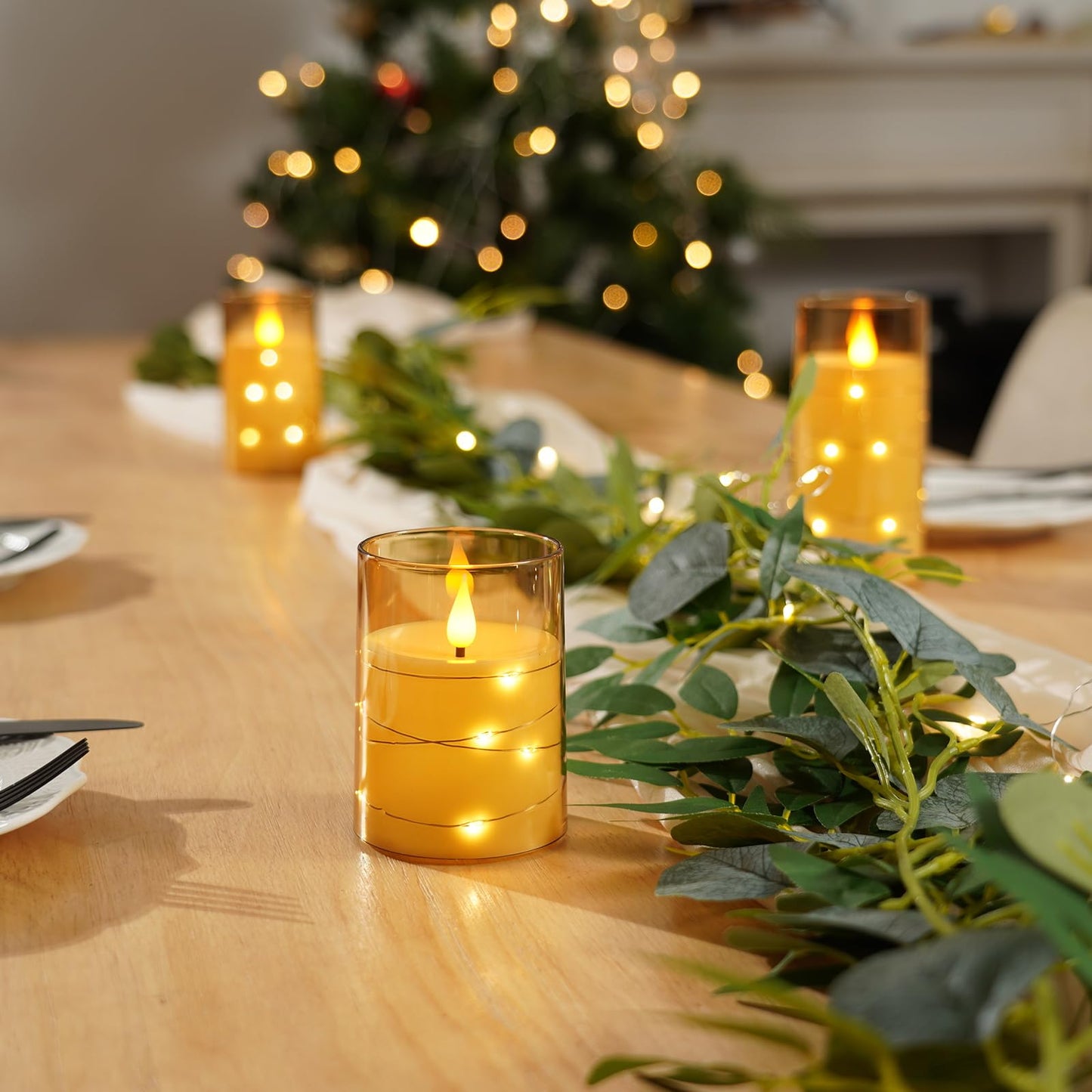 Amagic Flameless Candles 3 Set, Flickering Battery Operated Candles Embedded Fairy String Light, Realistic Pillar Candle with Remote Control and Timer, Acrylic Amber Gold, D3 x H4 5" 6"