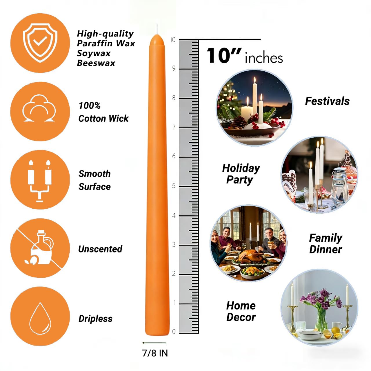 20-Pack Orange Taper Candles Unscented, 10 Inch Tall Dinner Table Candlesticks for Halloween Fall Wedding Centerpieces, Bulk Tapered Candles Smokeless Dripless, Decorative Candle for Home Decor