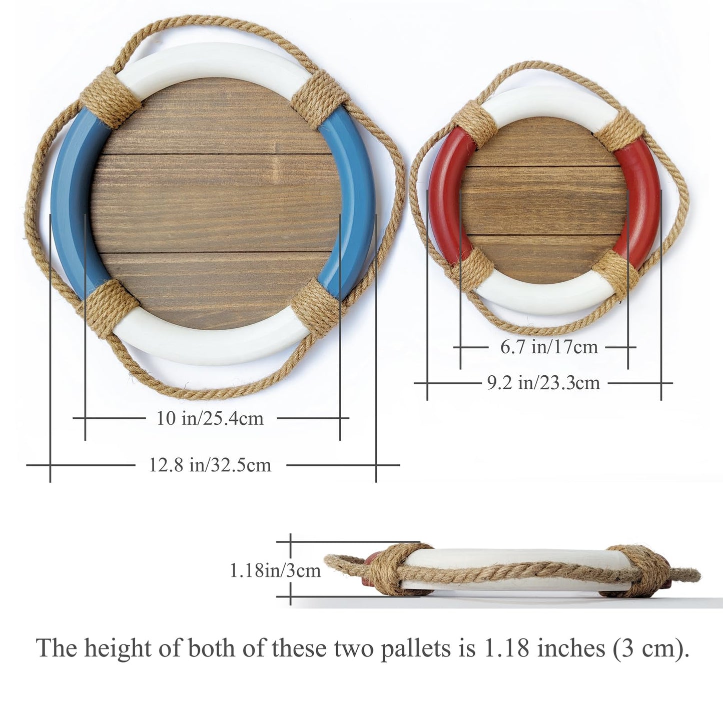 2 PCS Wood Decorative Serving Trays, Handmade Round Rustic Candle Holder Trays, Nautical Beach Lake House Coastal Coffee Table Decor Serving Tray for Living Room, Bathroom, Kitchen