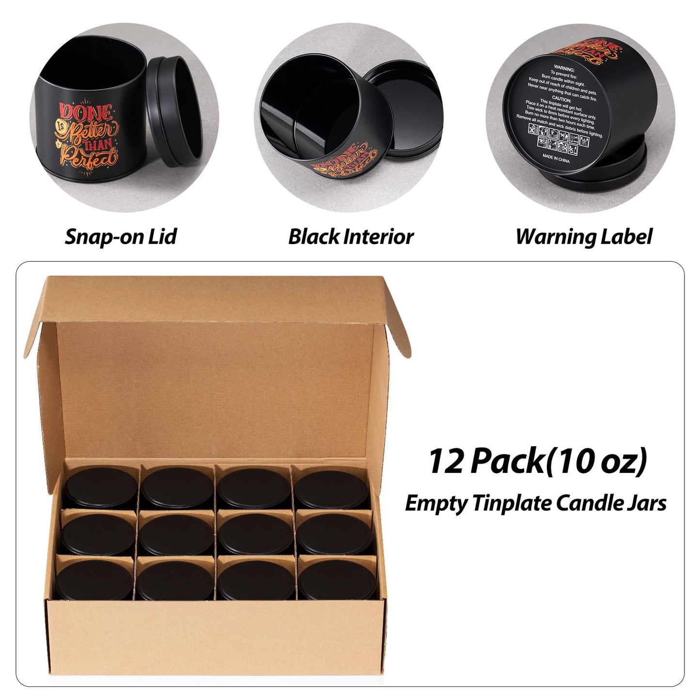 Nexuraze Empty Candle Tins for Making Candles with Lids, Tinplate Material, Warning Label Printed on Can Bottom (Black & Colorful)