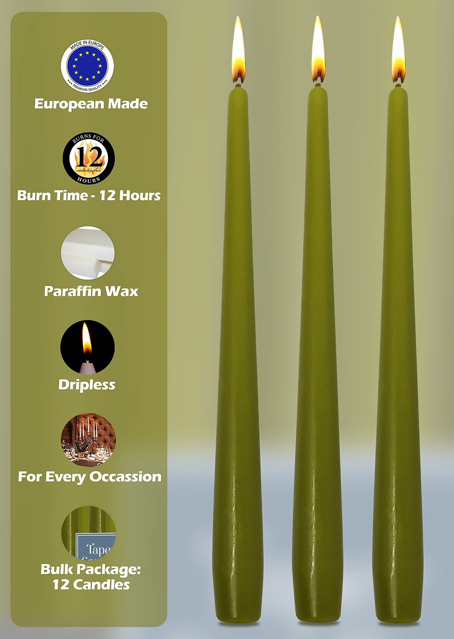 Hyoola Tall Taper Candles - 14 Inch Olive Green Unscented Dripless Taper Candles - 12 Hour Burn Time - 12 Pack
