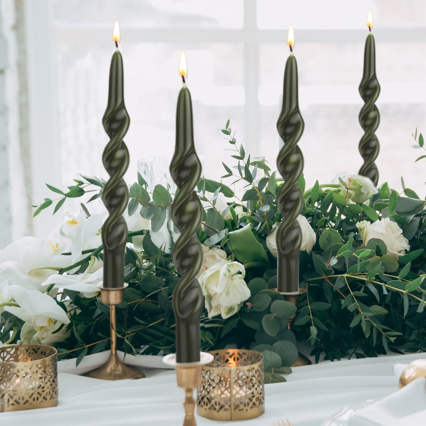 Zhengmy 4 Pcs Spiral Taper Candles, 10" Long Twisted Wax Candlesticks for Spring, Wedding, Birthday, Baby Shower, Anniversary, Holiday Party Home Table Decor(Green)
