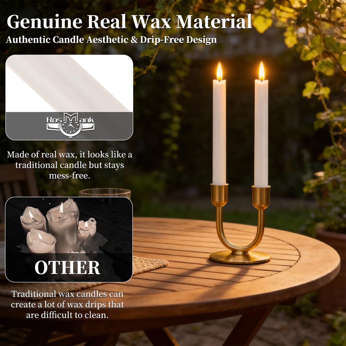 RosMank 6 Set LED Candles, Indoor & Outdoor Candles with 10-Key Remote Timer Control, Flameless, Real Wax, Decoration for Christmas, Birthday, Wedding, Party, White