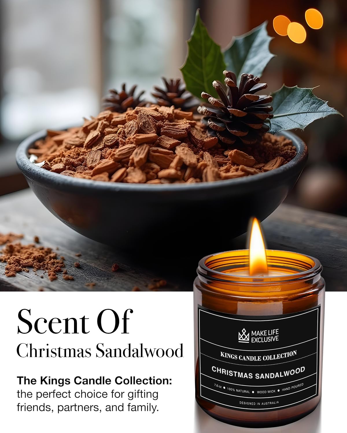 Scented Candles for Men | Christmas Sandalwood | Wooden Wick, Long Lasting, Masculine Scents | Natural Soy Jar Candle for Home, Bacehlor Pad Decor | The Perfect Mens Gift
