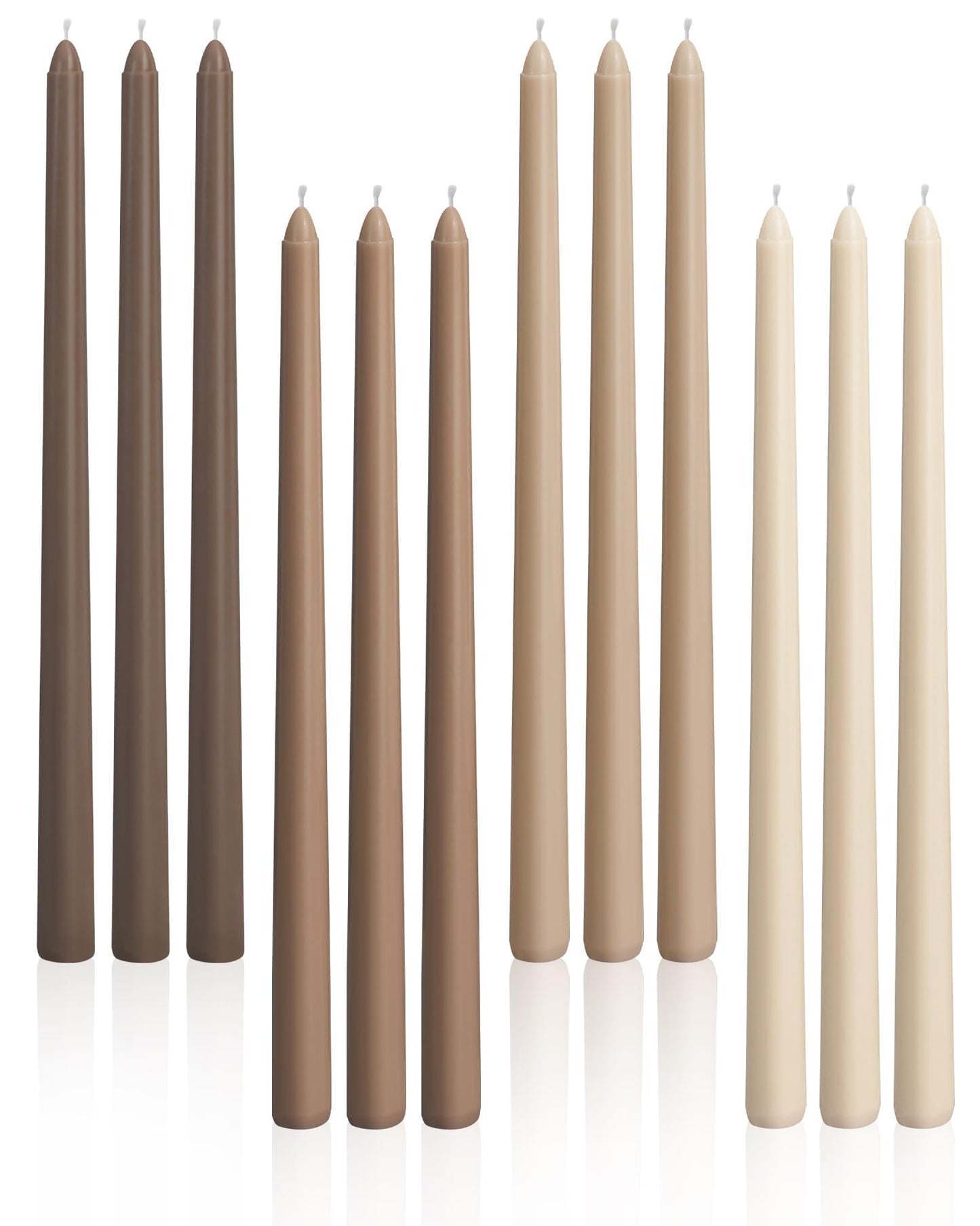 Viyffo Taper Candles, 12 Inch, 12 Pack, Brown – Unscented, Smokeless Design, Up to 8-Hour Burn – Tall Candlesticks for Table Decor, Weddings & Dinners