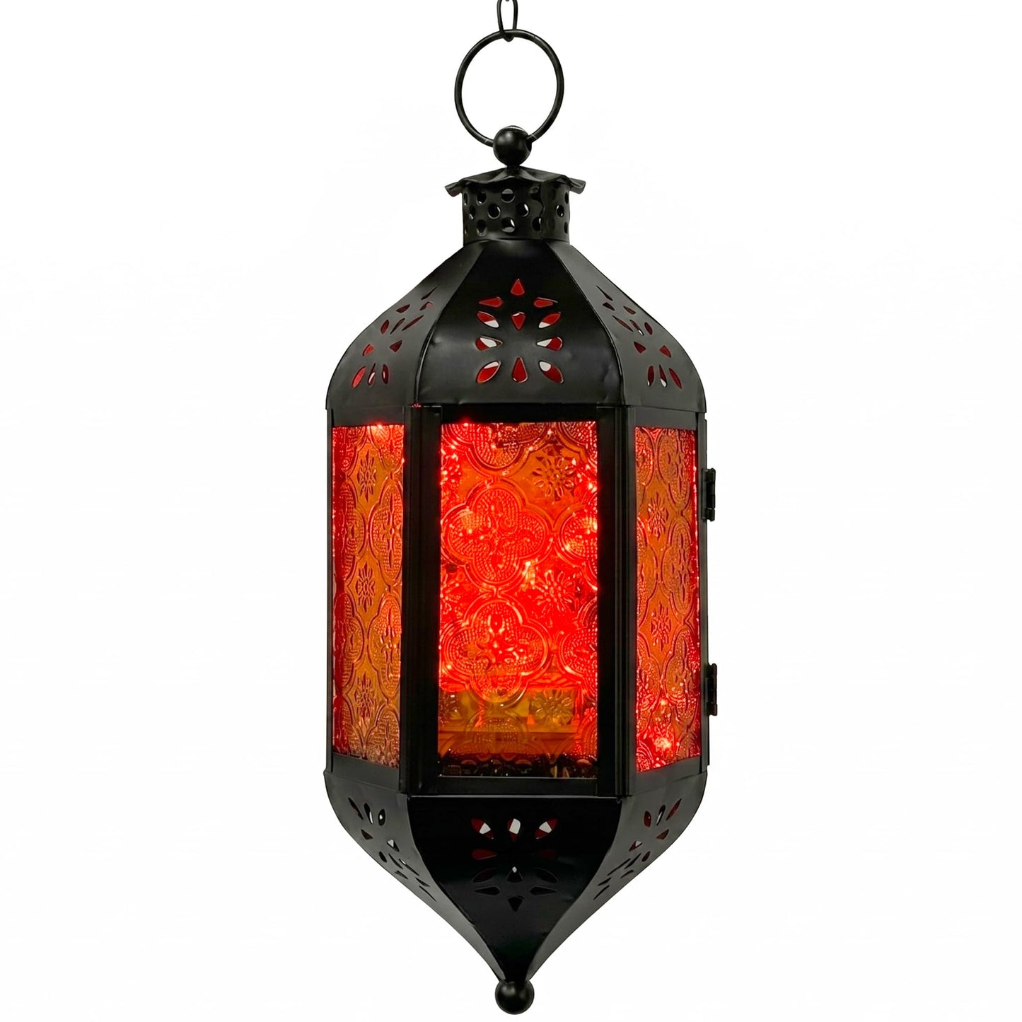 Vela Lanterns Hanging Moroccan Lantern with LED Twinkle Fairy Lights - Exotic Decorative Patio & Porch Decor, Indoor Outdoor Candle Lamp Holder with Chain (13" Large, Amber Glass)