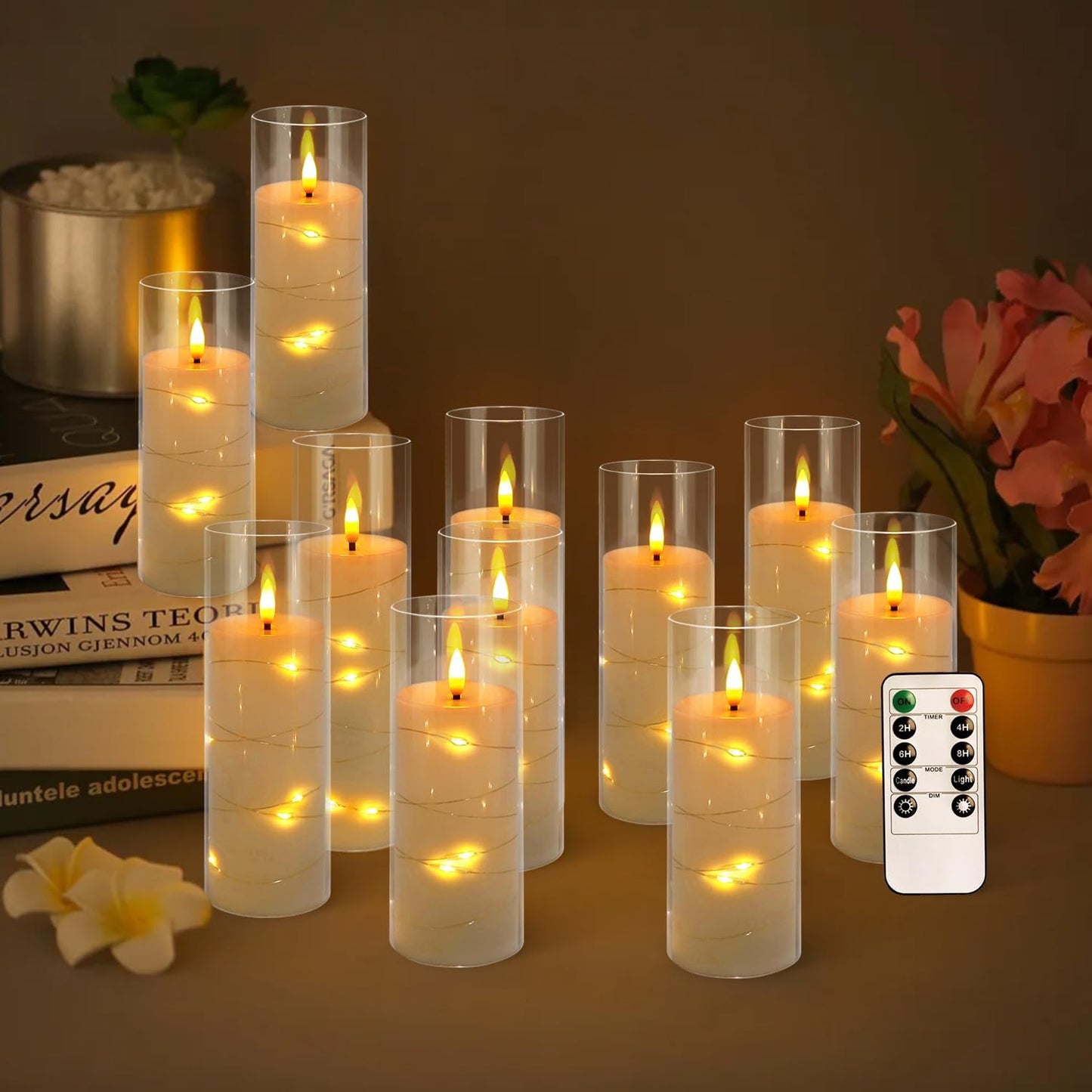 12 Pack Acrylic Flameless Candles,with Embedded Star String, Battery Operated Candles Flickering LED Pillar Candles with Remote Control and Timer, Ideal for Indoor/Outdoor Decor,Wedding,BBQ and Gift.