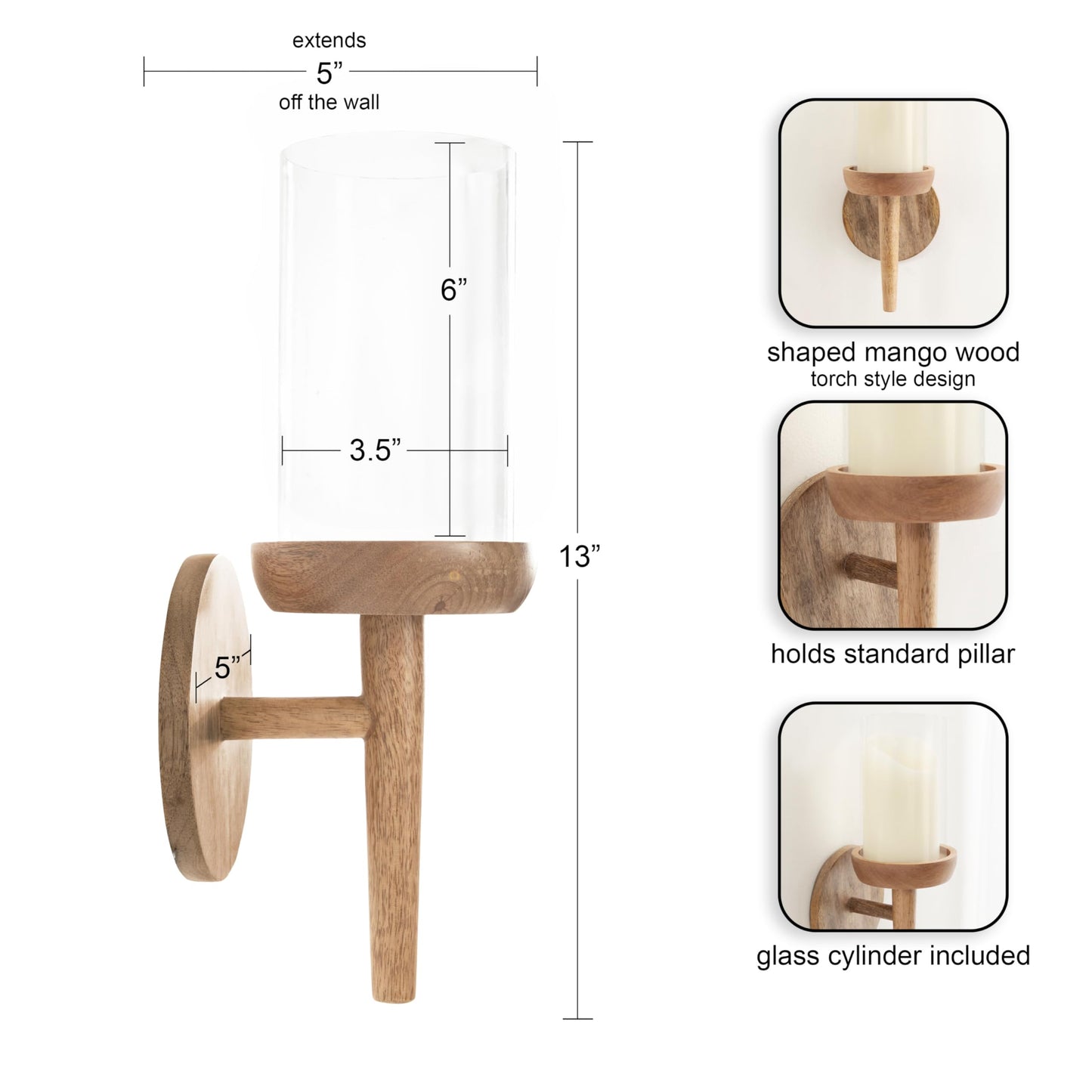 Kate and Laurel Shae Transitional Wooden Wall Sconce; 5 x 5 x 13; Natural Wood; Rustic Candle Holder with Removable Glass Cylinder for Flameless Pillar Candles