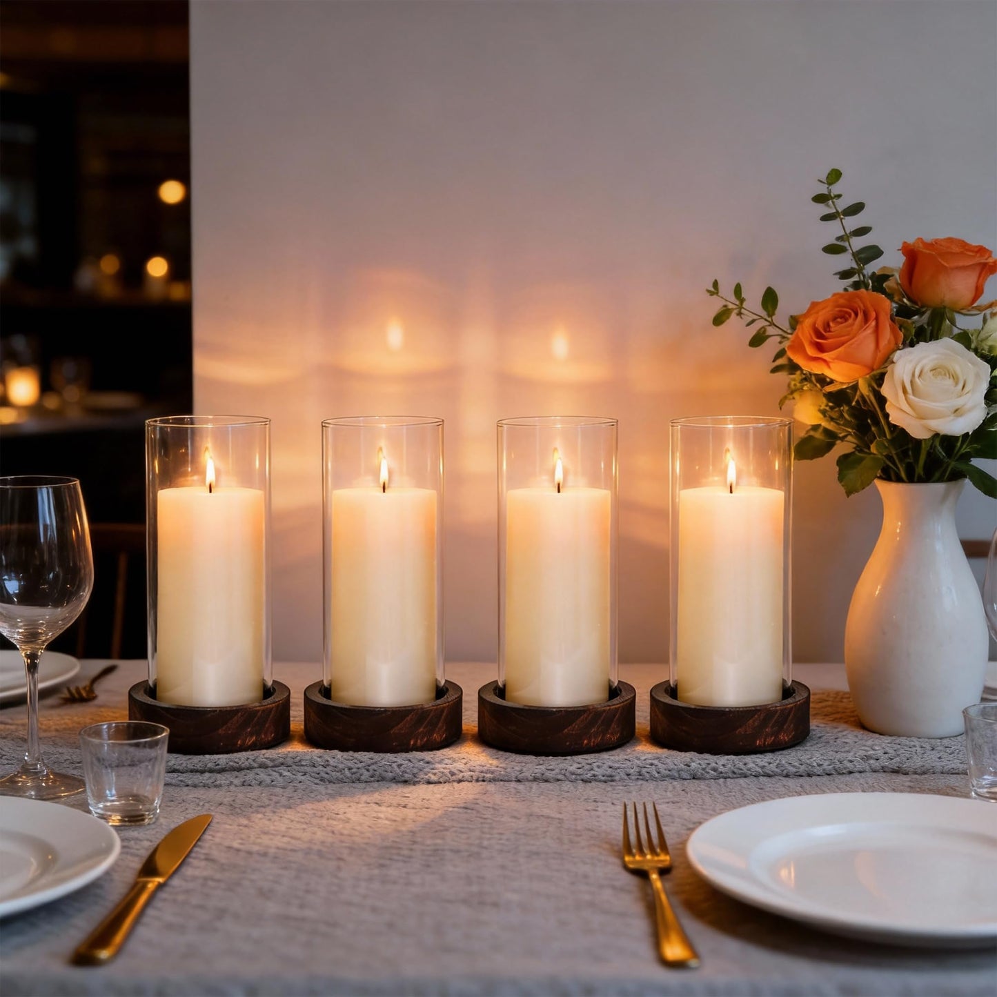 Ronasip Set of 4 Hurricane Candle Holders - 4.6x7.8 Inch Rustic Wooden Base with Glass Cylinder, Brown Pillar Candle Holders for Wedding Centerpieces, Home Decor, Table & Mantel Decorations