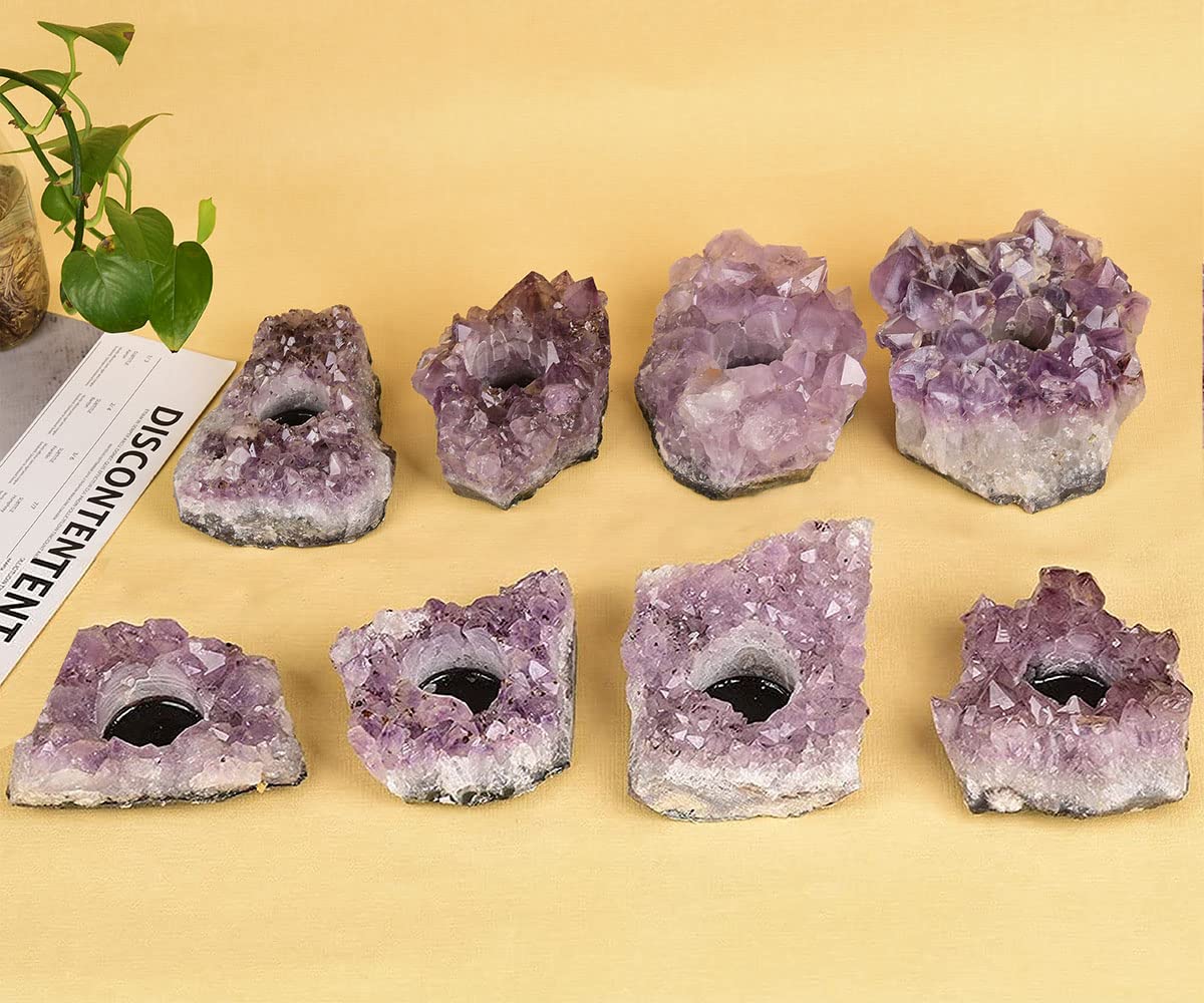 JIC Gem Amethyst Candle Holder Natural Purple Crystals Candle Stand Large Amethyst Tealight Candle Holders Home Decoration 5.5 Inch