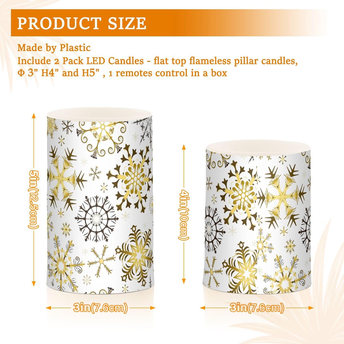 Christmas Lights Decorations Flameless Candles Golden Snowflake White Pillar Candles Set of 2 Battery Operated Remote Control Warm Lights