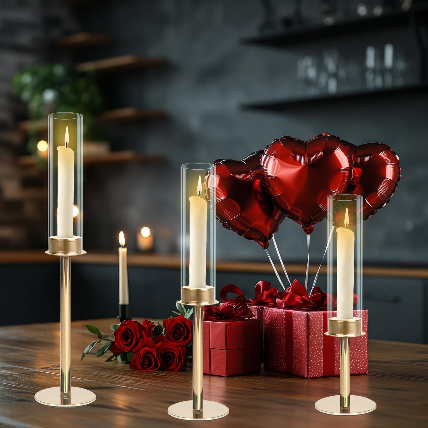 QTRQTR 3 PCS Gold Hurricane Candle Holders Fluted Glass Candlestick Holder