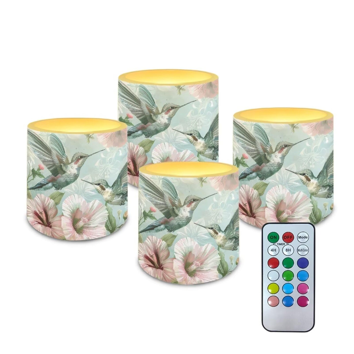 Merkmak 4 Pack Flameless Candles with Remote Battery Operated Pillar Candles with Timer, Boho Floral Hummingbird LED Elictric Tealights for Banquet Home Decorations