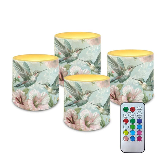 Merkmak 4 Pack Flameless Candles with Remote Battery Operated Pillar Candles with Timer, Boho Floral Hummingbird LED Elictric Tealights for Banquet Home Decorations