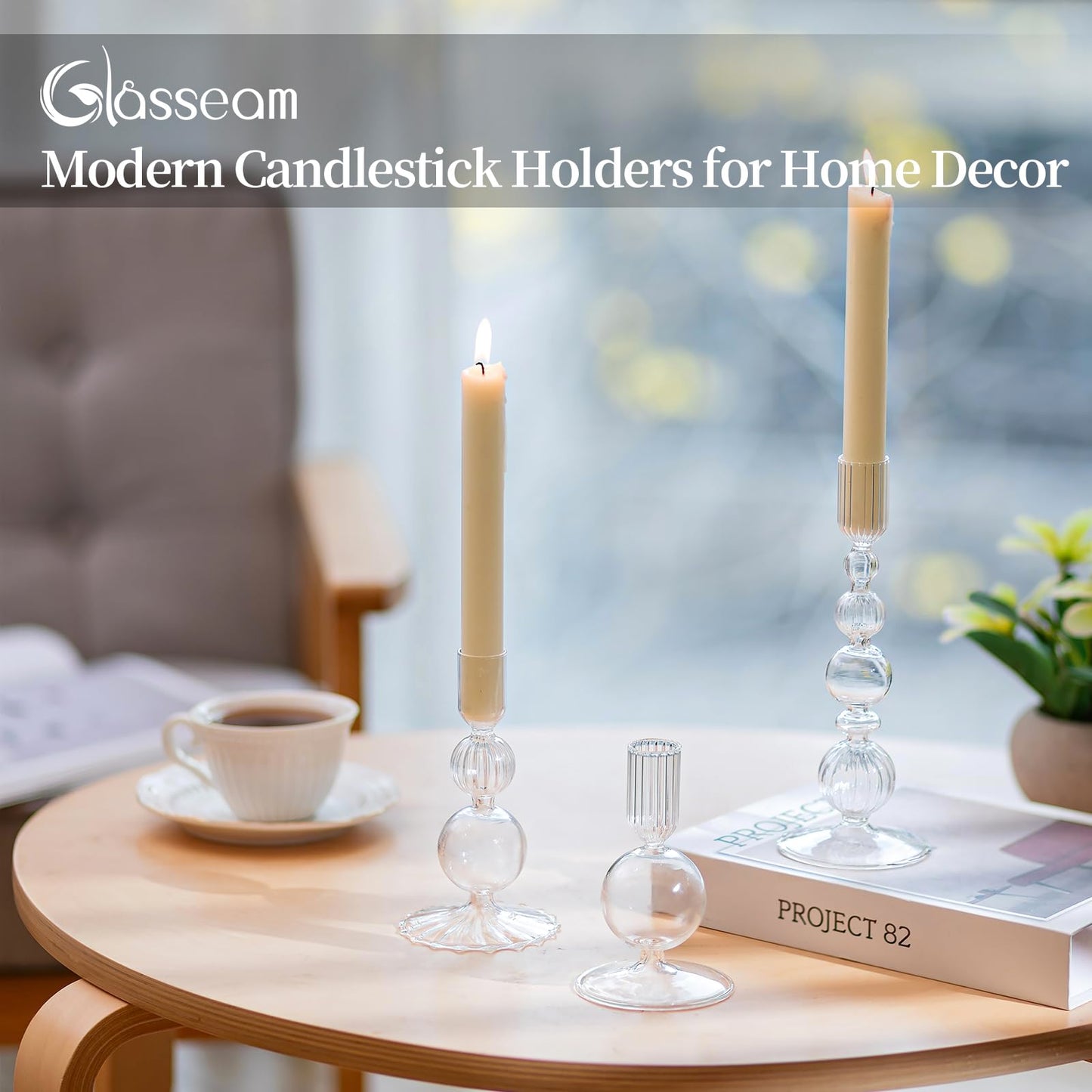 Glasseam Glass Candle Stick Holder: Clear Taper Candle Holders Set of 3 Modern Candlestick Holders for Taper Candles Decorative for Table Centerpiece Wedding Party Christmas Decorations