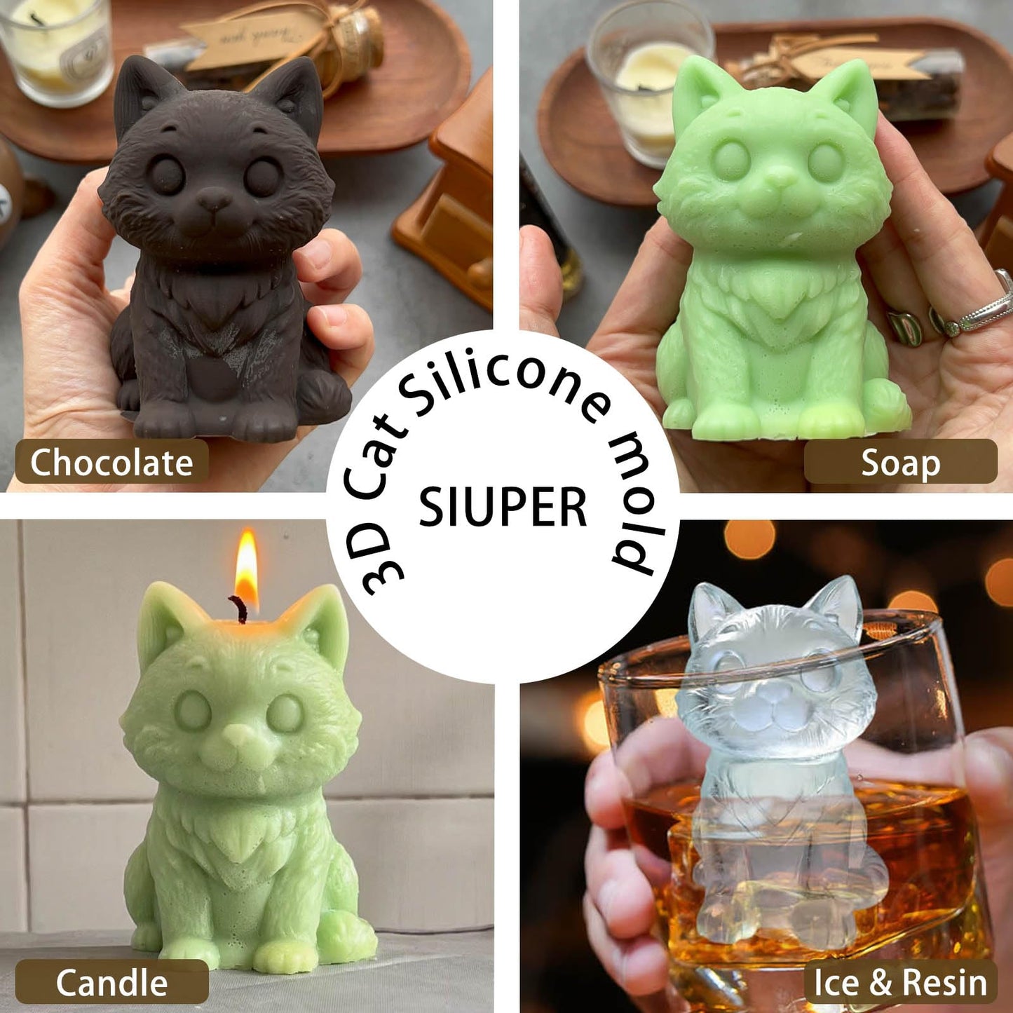 SIUPER 3D Cat Ice Cube Silicone Molds Tray for Whiskey, Cocktail, Drink, Bar; Rich Details. Fun Animal Mold for DIY Craft Taba Squishy Chocolate Soap Candle Resin Gift for Women Girls Boys; 2 Pack