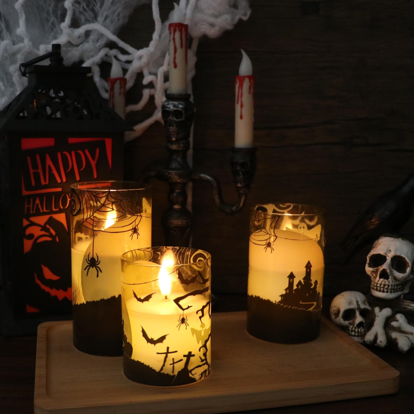 GenSwin Halloween Candles Flameless with Remote Timer, Flameless Candles with Spider Web, Ghost, Castle Decals, 3 Pack Green Glass Battery Operated Candles with 3D Flickering Flame for Fall Decor