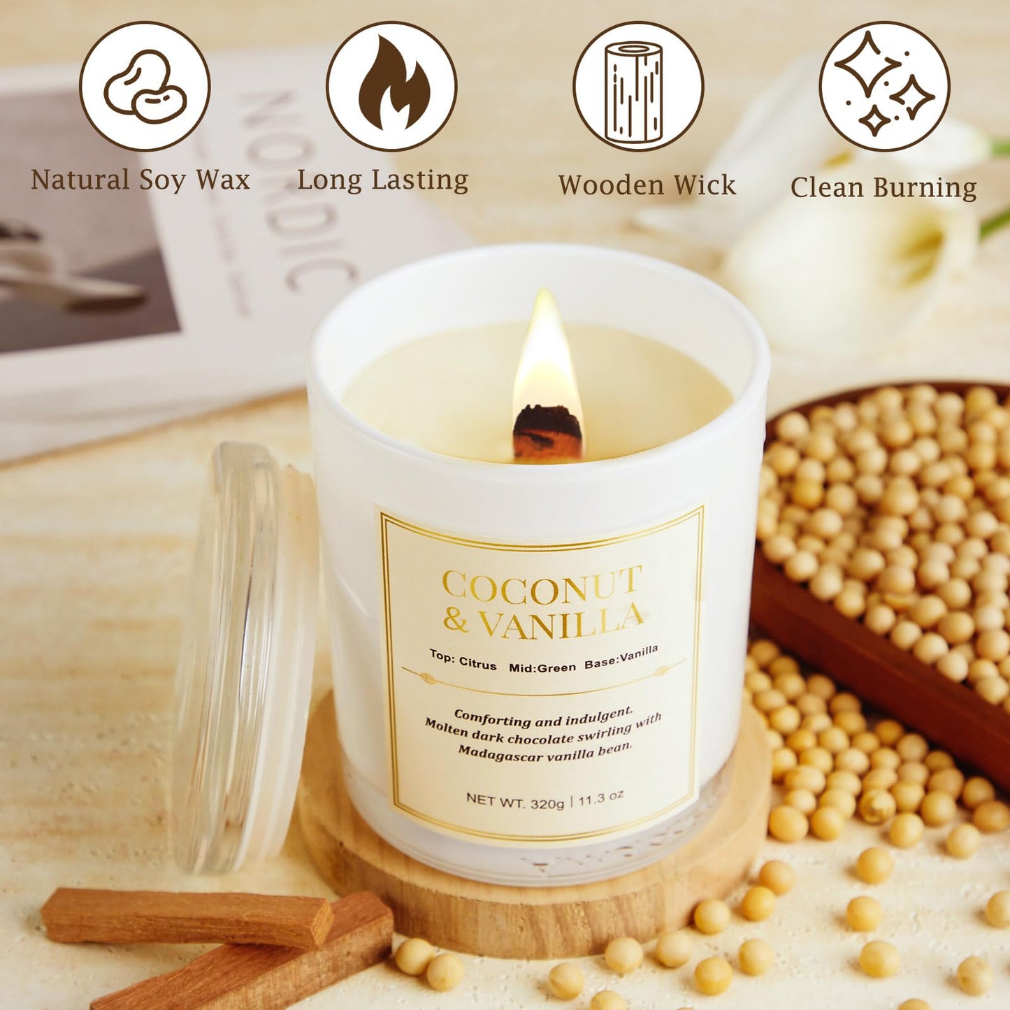 2 Pack Wood Wick Coconut & Vanilla Candle Gift Set – Long Lasting Soy Wax Candles with Gift Boxes, Holiday Aromatherapy Candles for Home Decor & Holiday Gifts