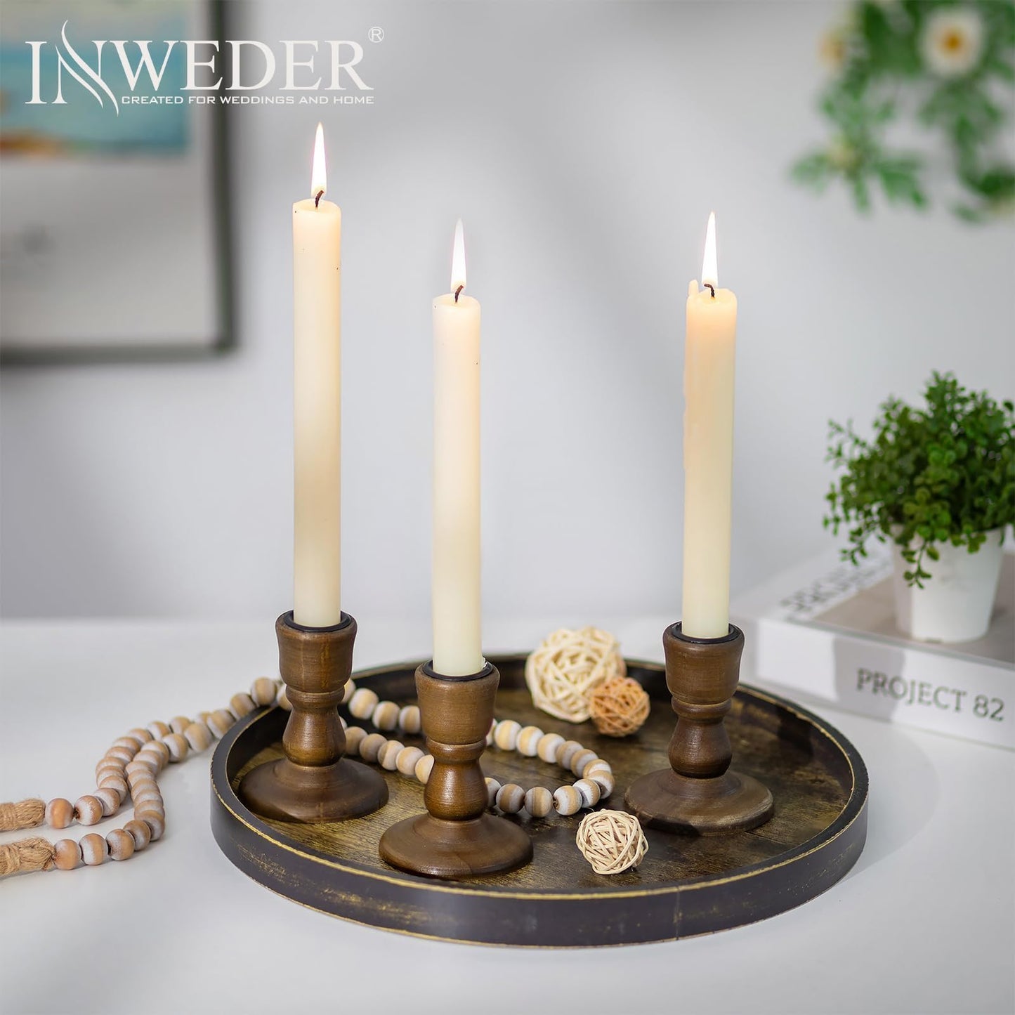Inweder Wooden Taper Candle Holders: Wood Candlestick Holders Rustic Brown Farmhouse Fall Decor for Living Room Dinning Table Centerpiece Christmas Set of 2