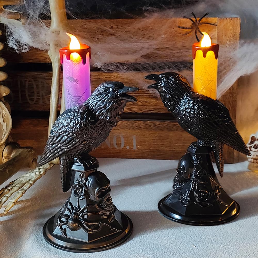 2Pack/Set LED Raven Halloween Flameless Candles, Black Crow Skull Statue Candlestick, Purple and Orange Glowing Light Flickering Candle Holder Halloween Table Lamp Scary Ornaments Home Decorations