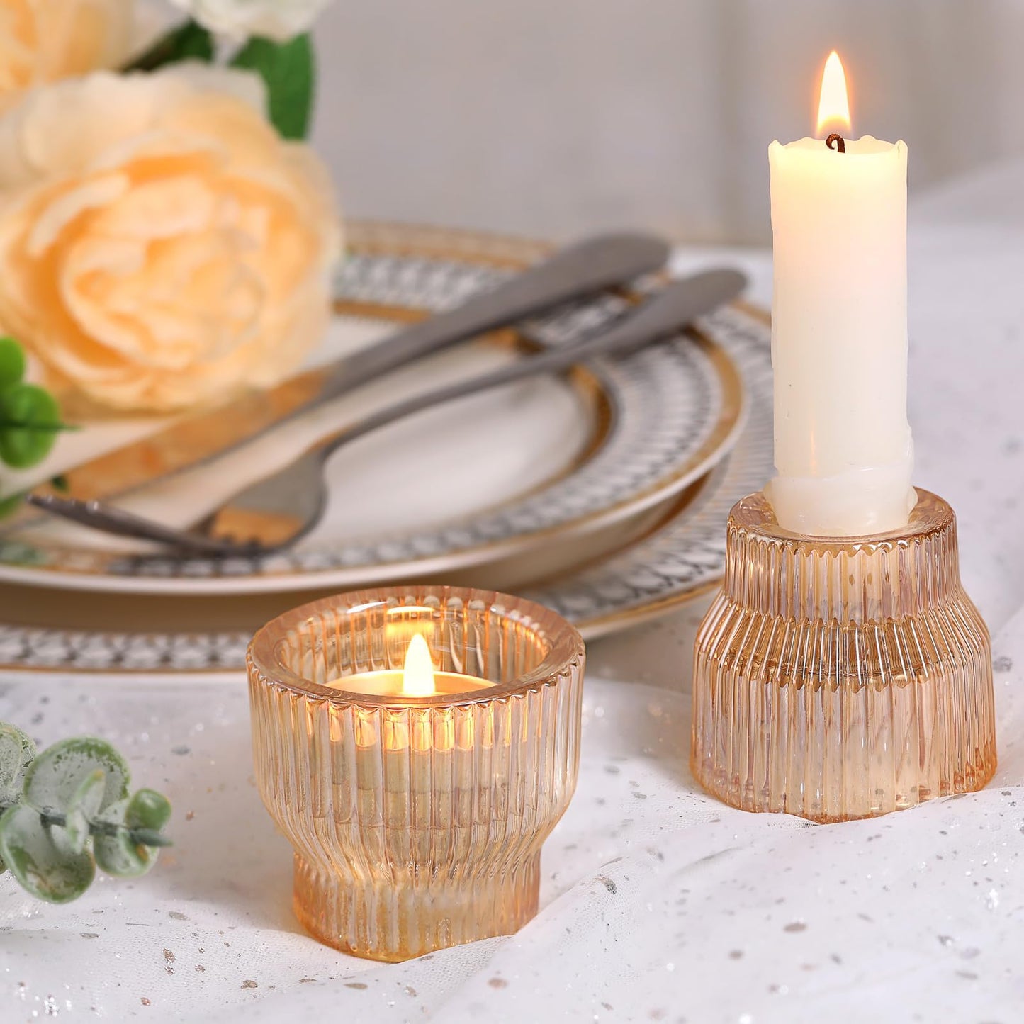 HAVITI 12 Pack Gold Taper Candle Holders, Glass Candlestick Holders, Tea Light Candle Holder for Fall Wedding Centerpieces Table Decorations, Votive Candle Holders for Table Decor