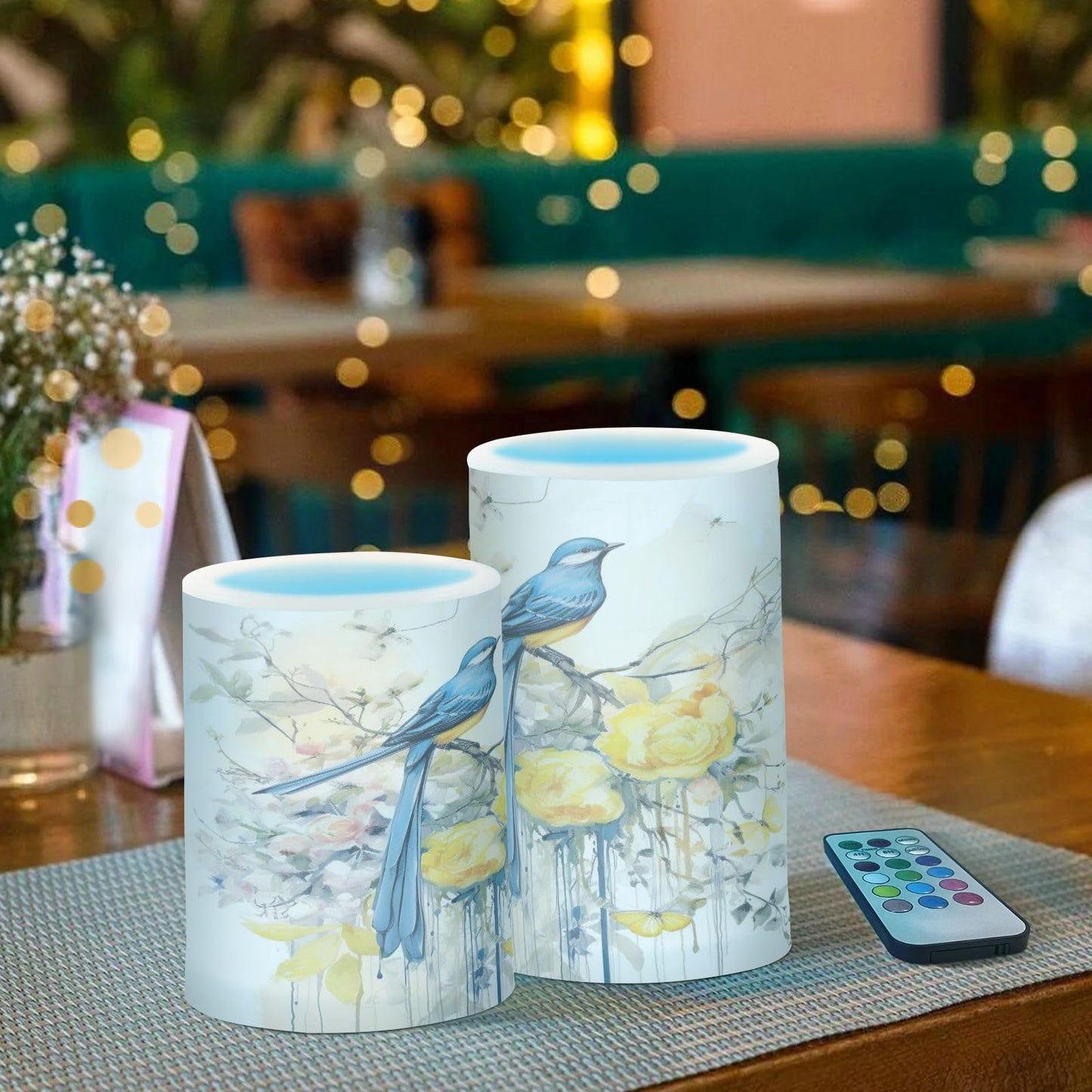 Spring Blue Bird with Yellow Flowers Butterflies Flickering Flameless Candles Battery Operated with Remote Timer,Tea Light Candles LED Pillar Votive Candles set of 2 for Outdoor Indoor Decorations