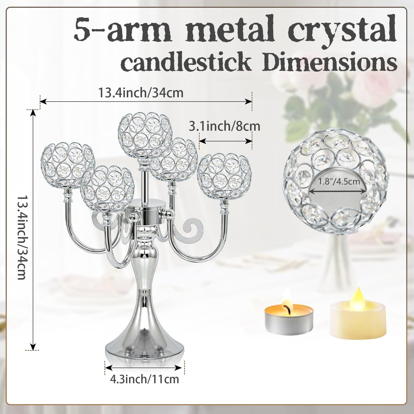 5 Arm Metal Crystal Candelabra Centerpiece - 13.4 Inch Elegant Candle Holder with Crystal Beads for Wedding Party Christmas Home Dining Table Decoration (2, Silver)