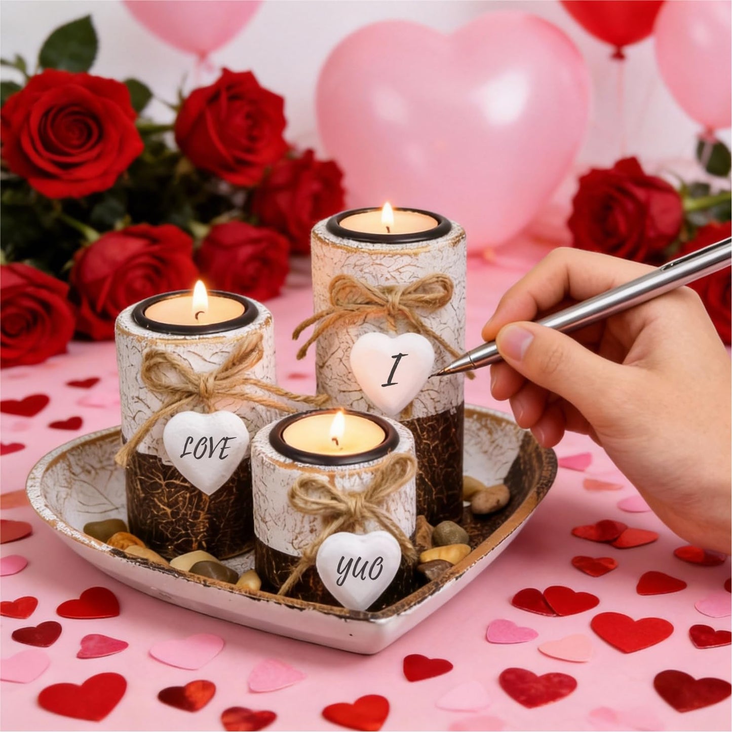 Wooden Tealight Candle Holders with Heart Tray, Rustic Farmhouse Candle Holders for Table Centerpiece Classic and Elegant Tea Light Holder Set for Valentines Day Wedding Anniversary Holiday Home Decor