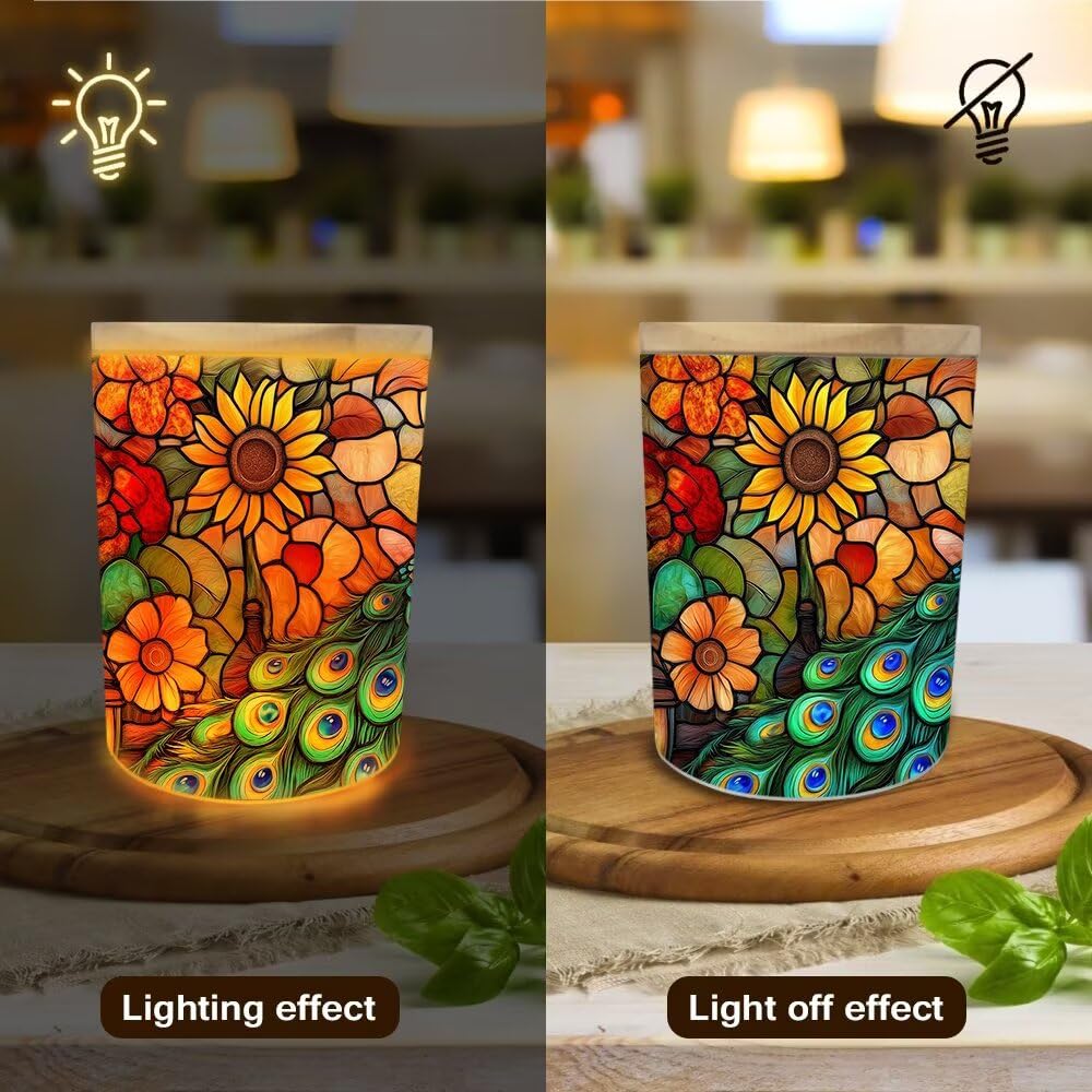 Stained Glass Peacock Tea Light Candle Holders, Thanksgiving Day Tealight Candle Holder Jar with Wooden Lid, Pumpkins Votive Candlesticks for Table Centerpieces, Christmas,Birthday Party