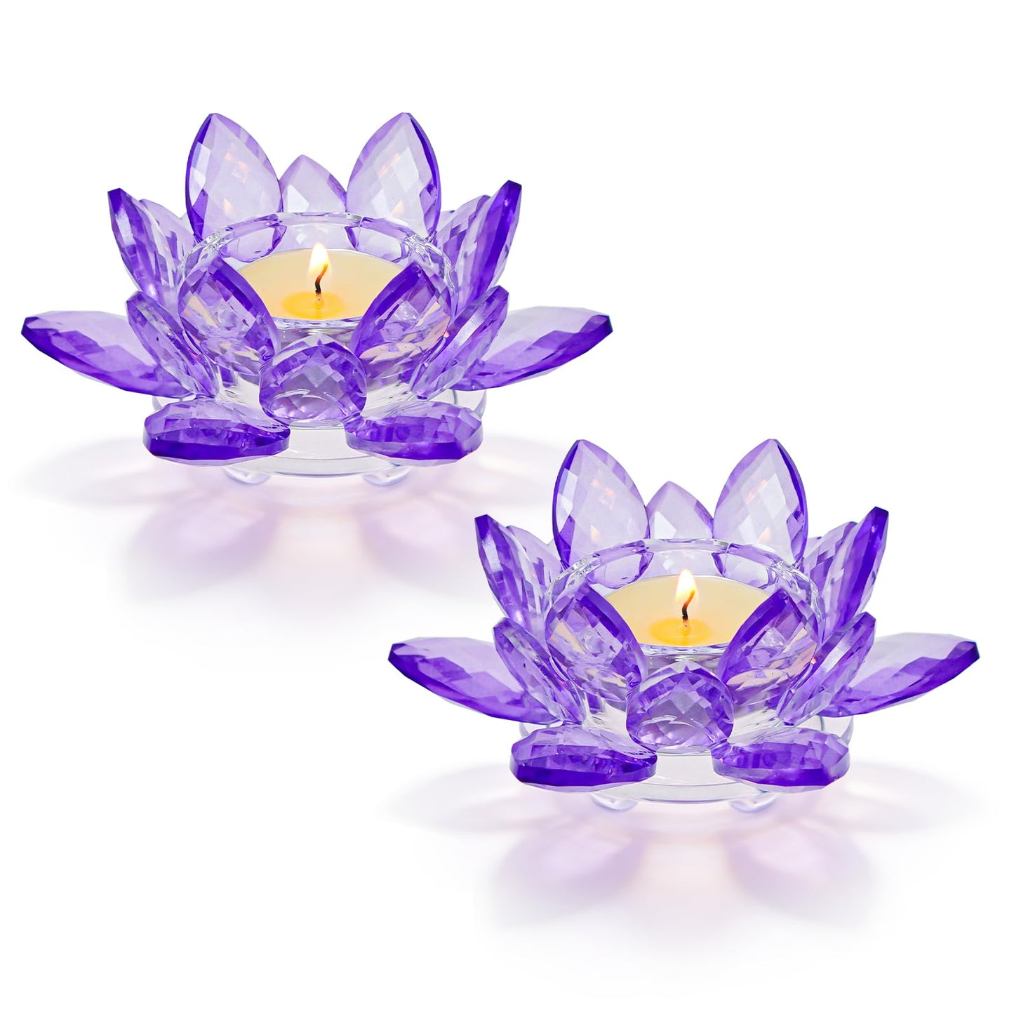 Kolnlala 2 Pcs Purple Crystal Lotus Flower Tealight Candle Holder | Glass Votive Candlestick Decor for Home, Wedding, Party & Christmas Table Centerpieces