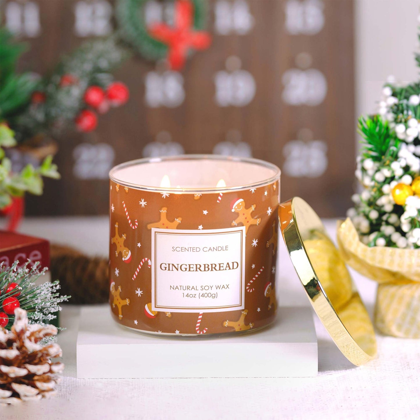 Christmas Candle, Christmas Gingerbread Candles, Candle Gifts for Women Xmas Decorations, Large 3 Wicks Scented Candle for Xmas, 14 oz Soy Wax Candle