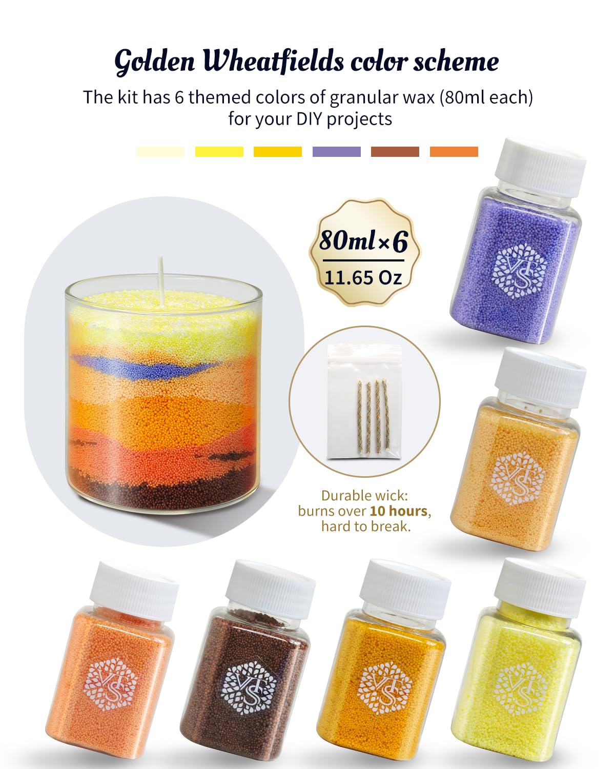 Golden Wheatfield DIY Pearled Candle Sand Set - 11 Oz Sand Wax Beads (6 Colors), 2x10ml Scented Essential Oils, 4 Reusable Wicks, Glass Cup & Spoon, Home Decor & Handmade Gift & Craft Enthusiasts