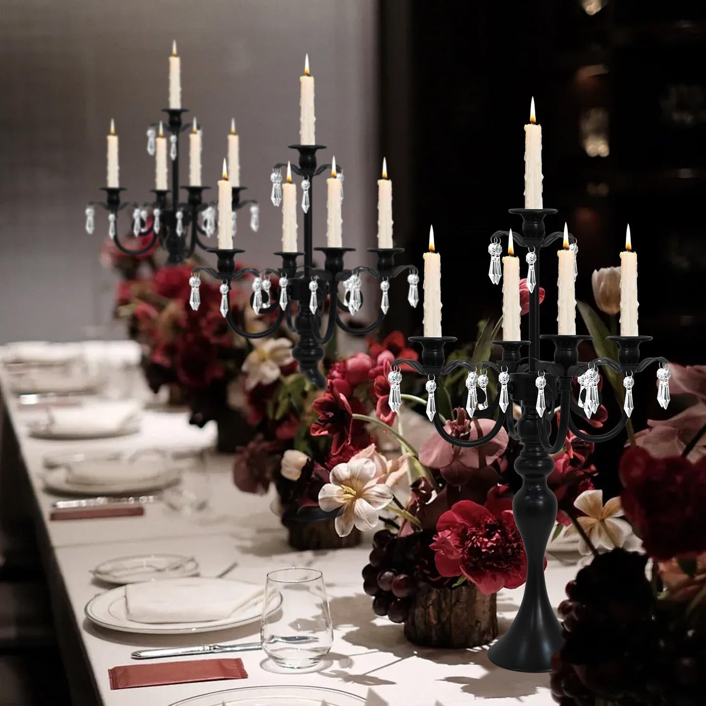5 Arm Black Candelabra Centerpiece for Table, 20.3” Tall Metal Candlestick Candle Holder for Taper Candles, Gothic centerpieces for Tables, Wedding, Party, Reception (Black, 2pcs)