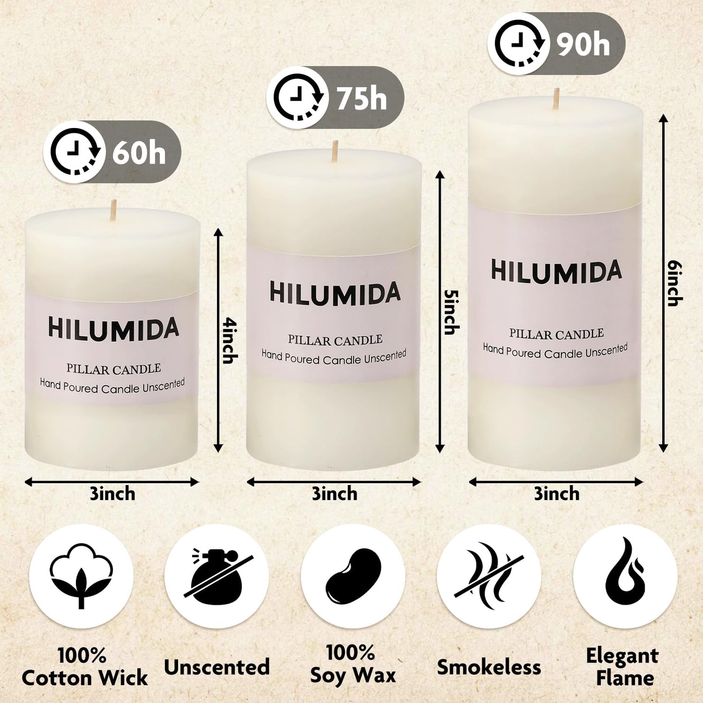 White Pillar Candles Set of 3 - Hand-Poured Unscented Candles, Smokeless Decorative Candles for Home, Set of 3 in Different Sizes (4", 5", 6")