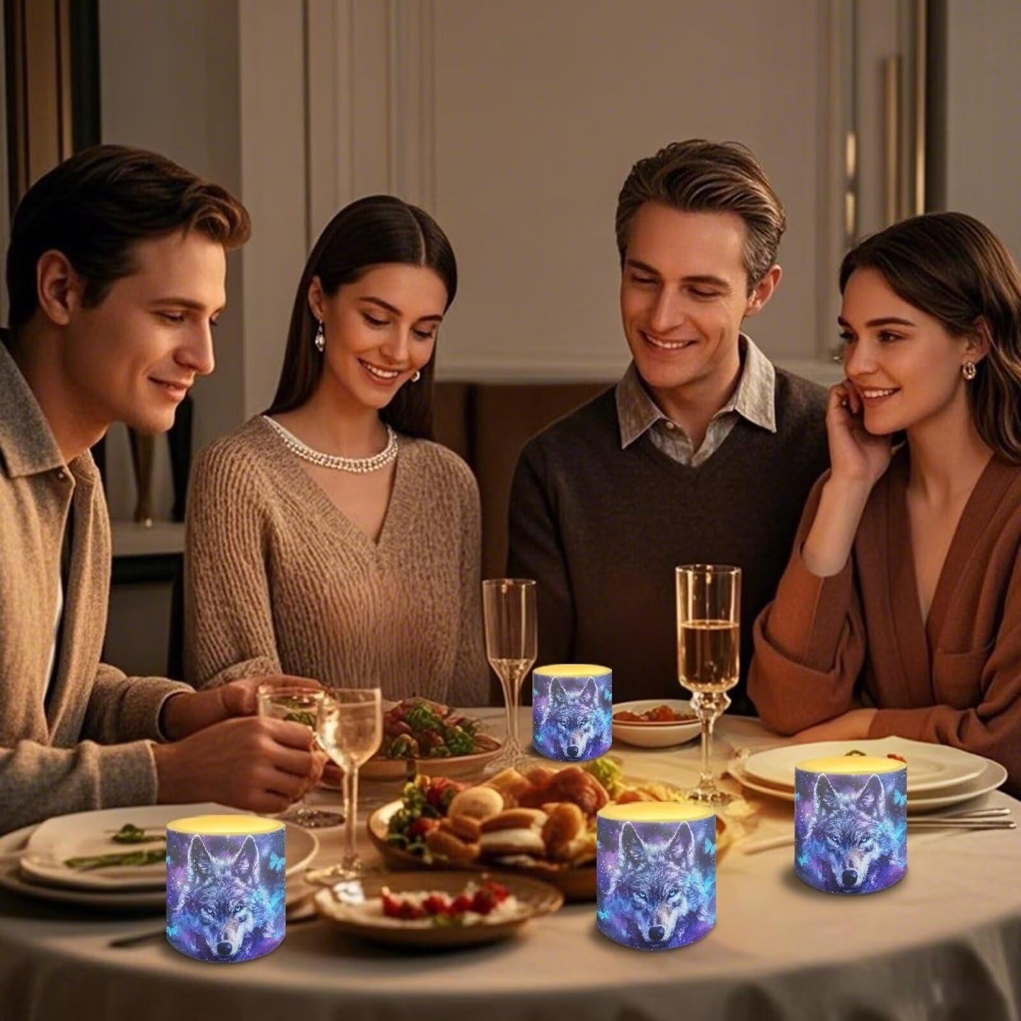 NETILGEN Flameless Candles with Remote Control Timer LED Pillar Candles Set of 4 Battery Operated Candles for Home Living Room Decor Blue Galaxy Wolf Print