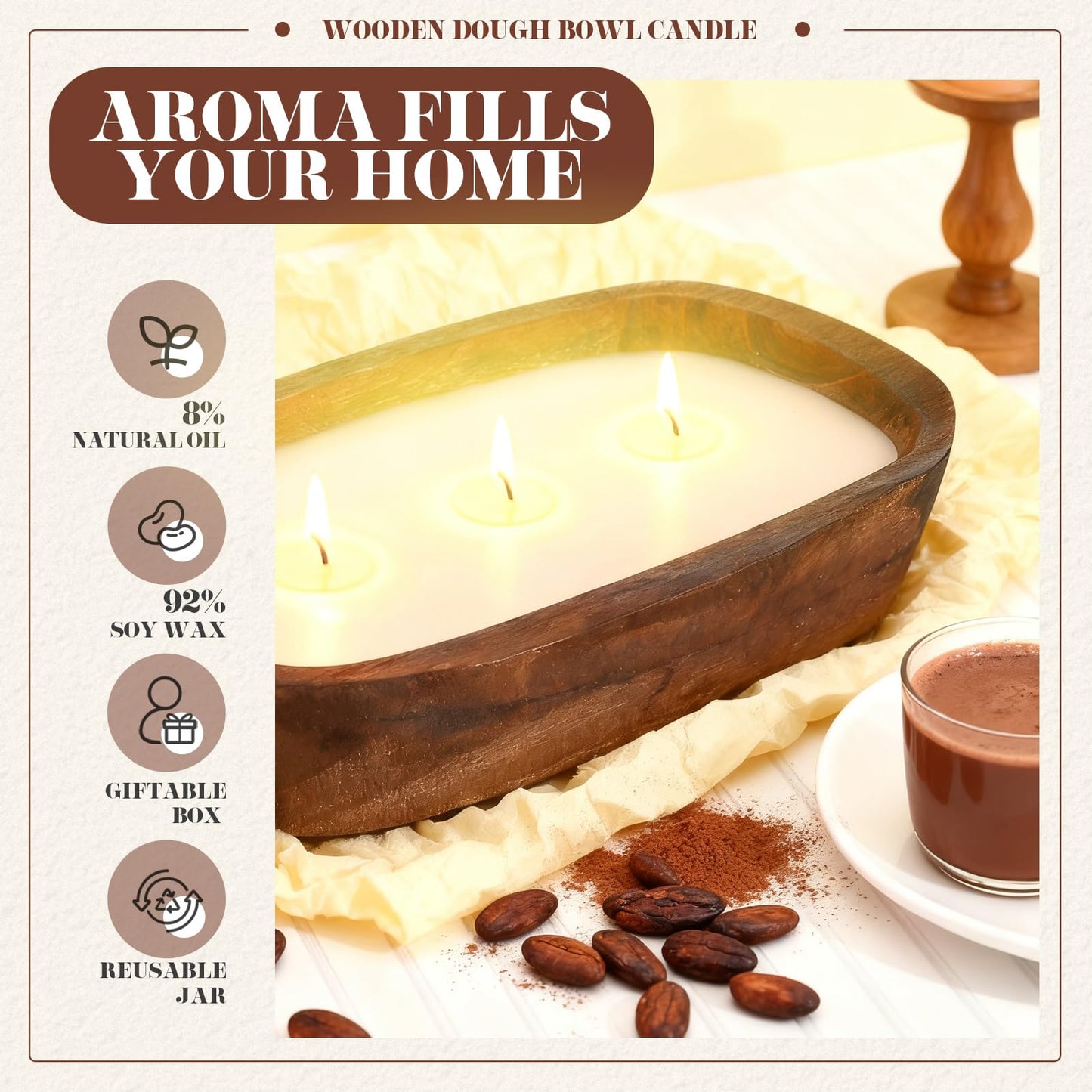 Threlaco 2 Pack Wood Dough Bowl Candle Jar Candle Decorative with Wick Scented Candles Soy Gifts for Men Women Farmhouse Table Centerpiece Home(Hot Cocoa)