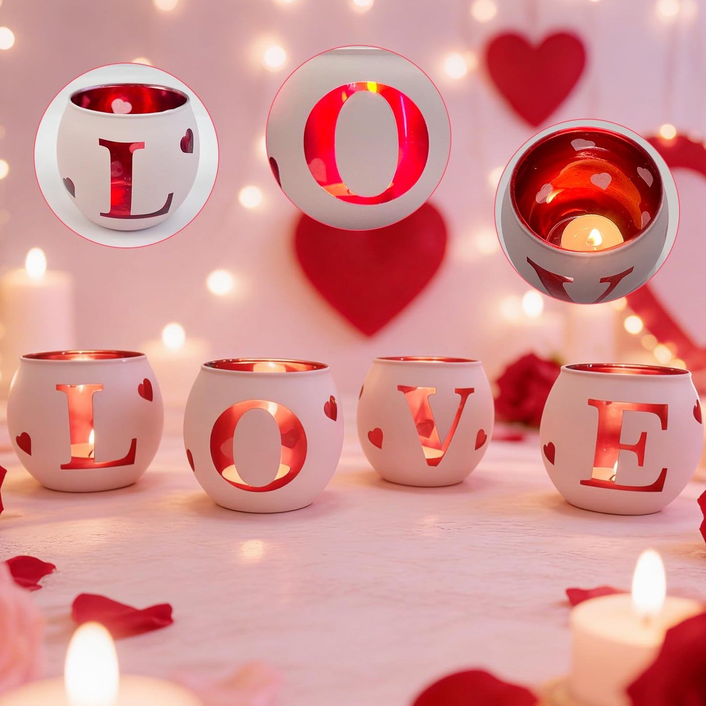 Love Glass Tea Light Candle Holders, Votive Tealight Holder Table, Love Centerpiece Decorations for Wedding Valentines Anniversary Party Decor (Pink-4)