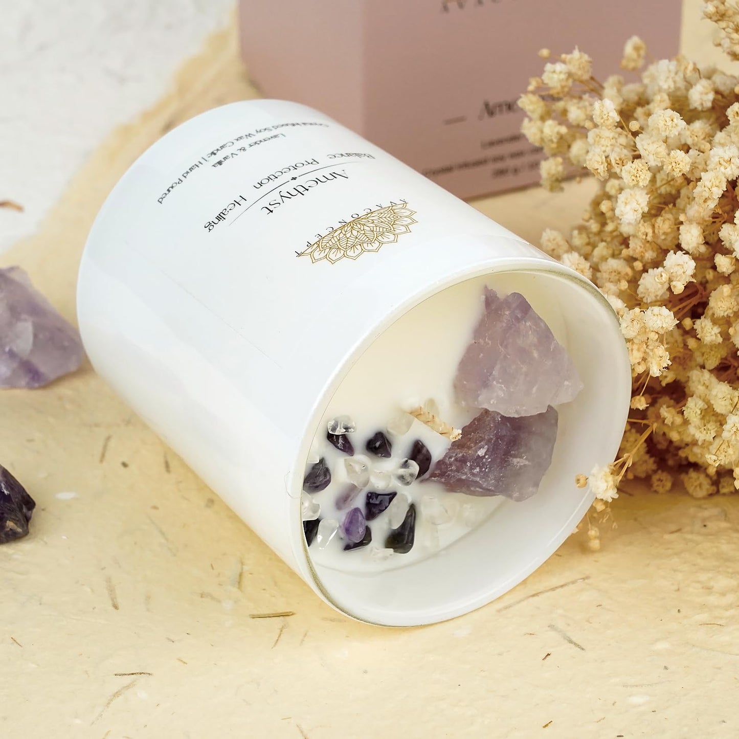 AvaConcept Amethyst Crystal Candle – 10oz / 280g | Lavender & Vanilla Aromatherapy | Hand-Poured Soy Wax | Genuine Healing Crystals Embedded | Balance, Protection & Healing | Pink Gift Box Included