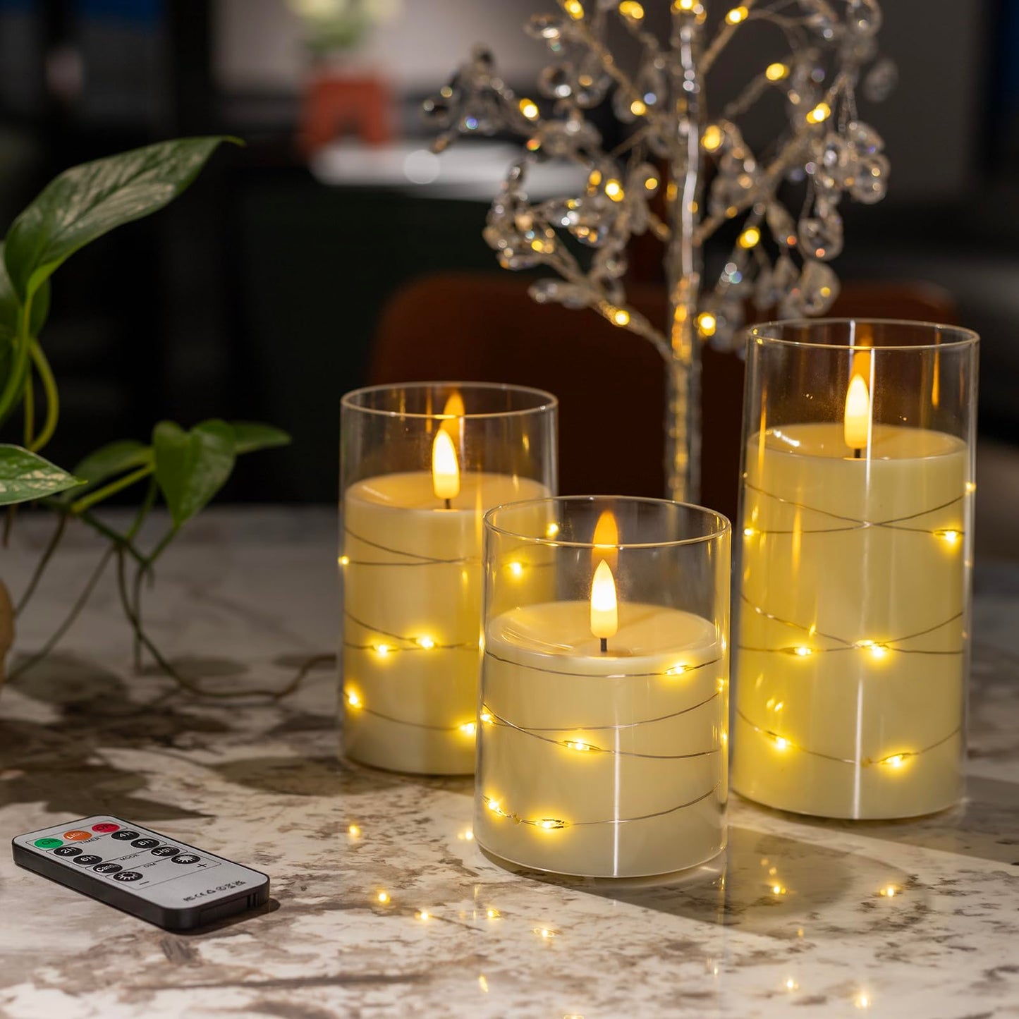 Flameless Candles, Battery Operated LED Candles with Remote and Timer Flickering Flameless Candle for Romantic Ambiance and Home Halloween Decor Durable Acrylic Shell with Embedded Star String
