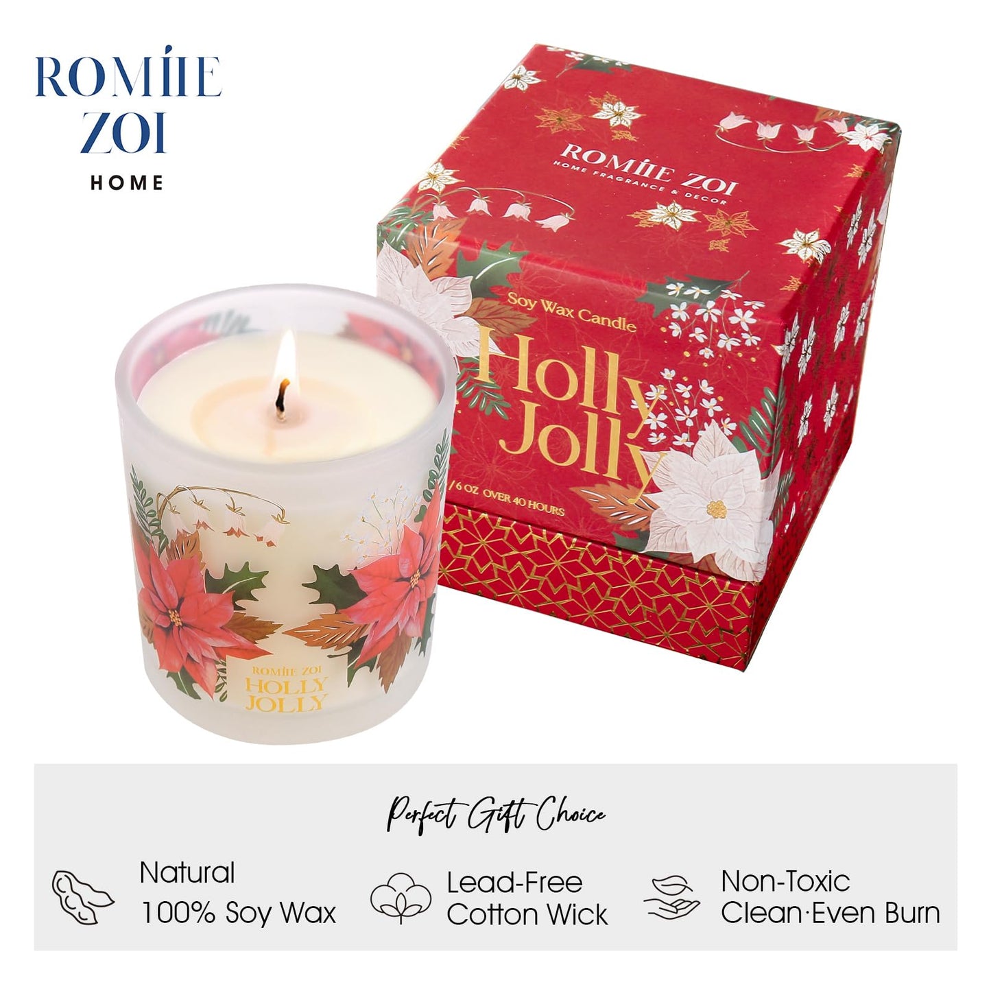 ROMIIE ZOI Christmas Scented Candle - 6oz Soy Wax Candle, Holly Jolly Decorations for Women, Infused with Citrus & Pine Aroma - Exquisite Red & Gold Gift Box Packaged for Christmas Holiday Season Gift