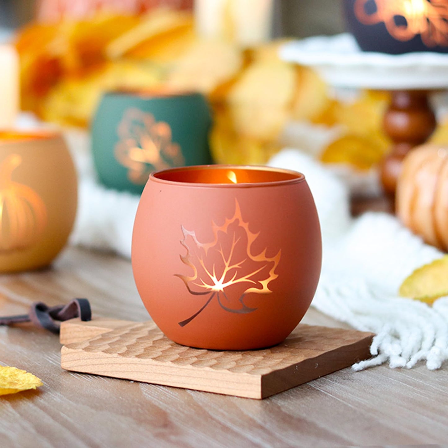 Fall Candle Holders Set of 4, Glass Tealight Votive Holders, Indoor Outdoor Thanksgiving Table Decor with Laser-Etched Maple Leaf and Pumpkin Design, Autumn Party Wedding Table Centerpieces (Brown)