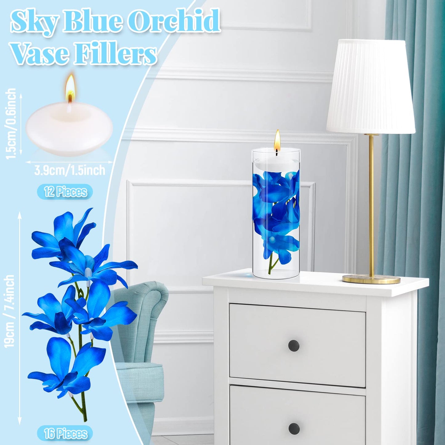 Juexica 28 Pieces Floating Flowers for Centerpieces Blue Orchid Flowers Vase Fillers Unscented Floating Candles for Wedding Table Party Home Decoration